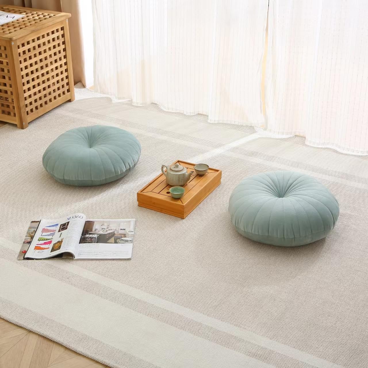 MolynnChic Floor Pillow Meditation Cushion Round Large Floor Pillows Seating for Adults, Velvet Thick Floor Cushions for Yoga Living Room Balcony Outdoor Tatami 18inch（Green）