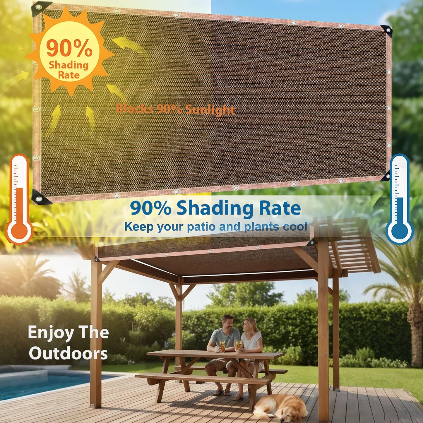 LCYFBE 90% Sun Shade Cloth with Grommets, 6.5 x 10 FT Pergola Replacement Shade Cover Canopy Privacy Screen for Outdoor Patio Garden, Mocha