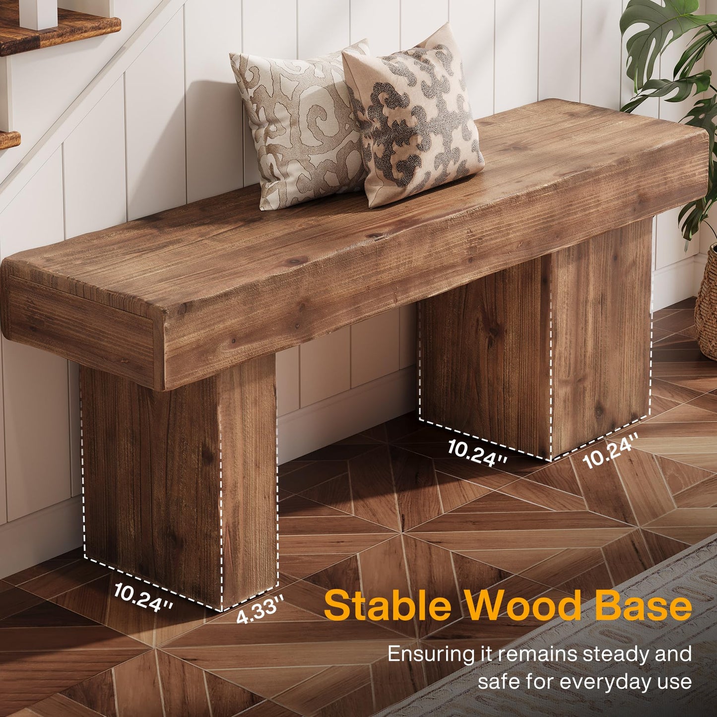 TRIBEWOOD Thickened Solid Wood Bench, 47" Rustic Farmhouse Entryway Bench with Artistic Legs, Heavy Duty Dining Bench for Kitchen, Living Room, Hallway, End of Bed, Natural Wood
