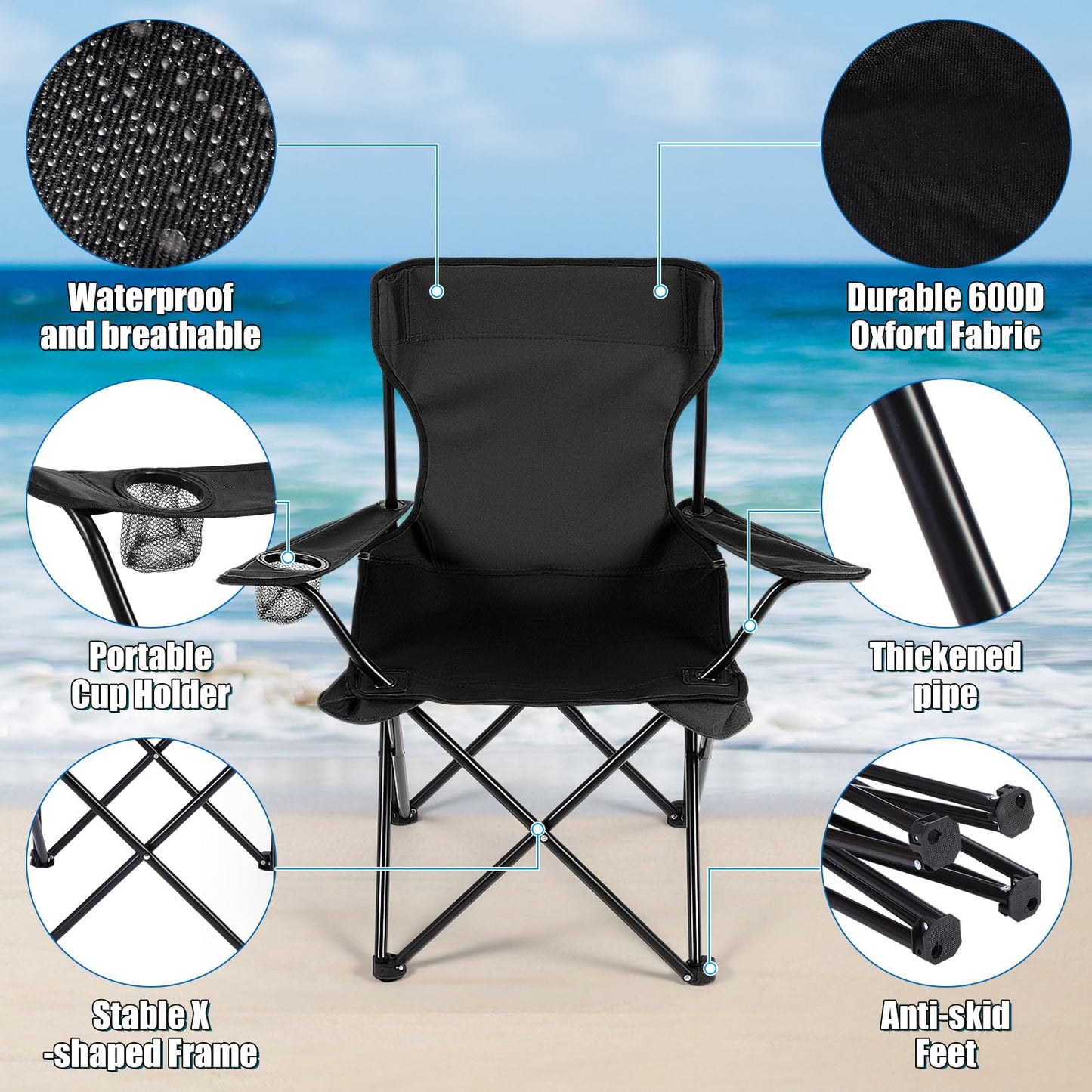 Yuntau 2 Sets Beach Chair with Umbrella Foldable Camping Chair Fold up Umbrella with Universal Clamp Large Portable for Outdoors Fishing Camping Hiking Travel Picnic Beach (Black,Blue,White)