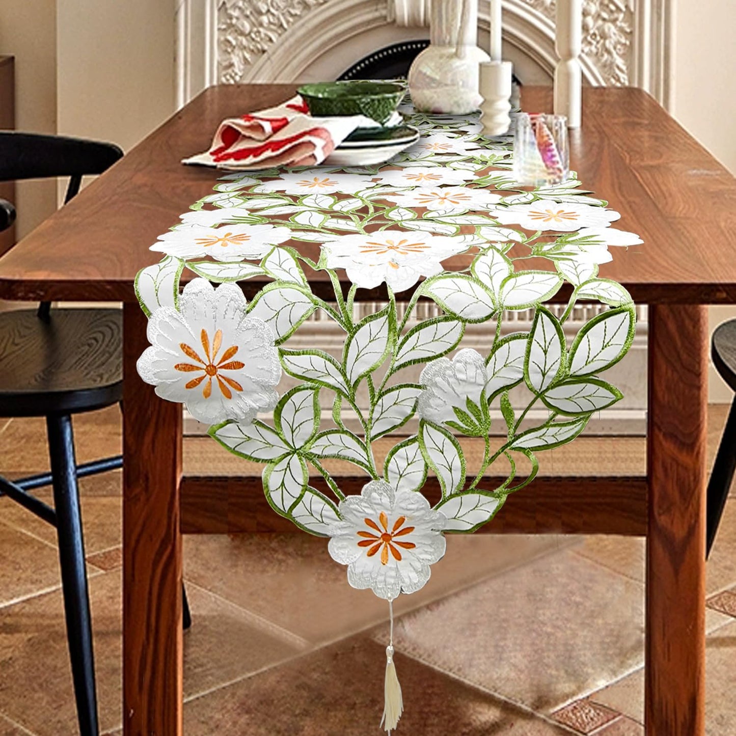 AMZALI Summer Spring Flower Table Runner Embroidered Flowery Cutwork Table Doily Floral Table Dresser Scarf for Home Kitchen Dining Tabletop Decoration ( 15"×72")
