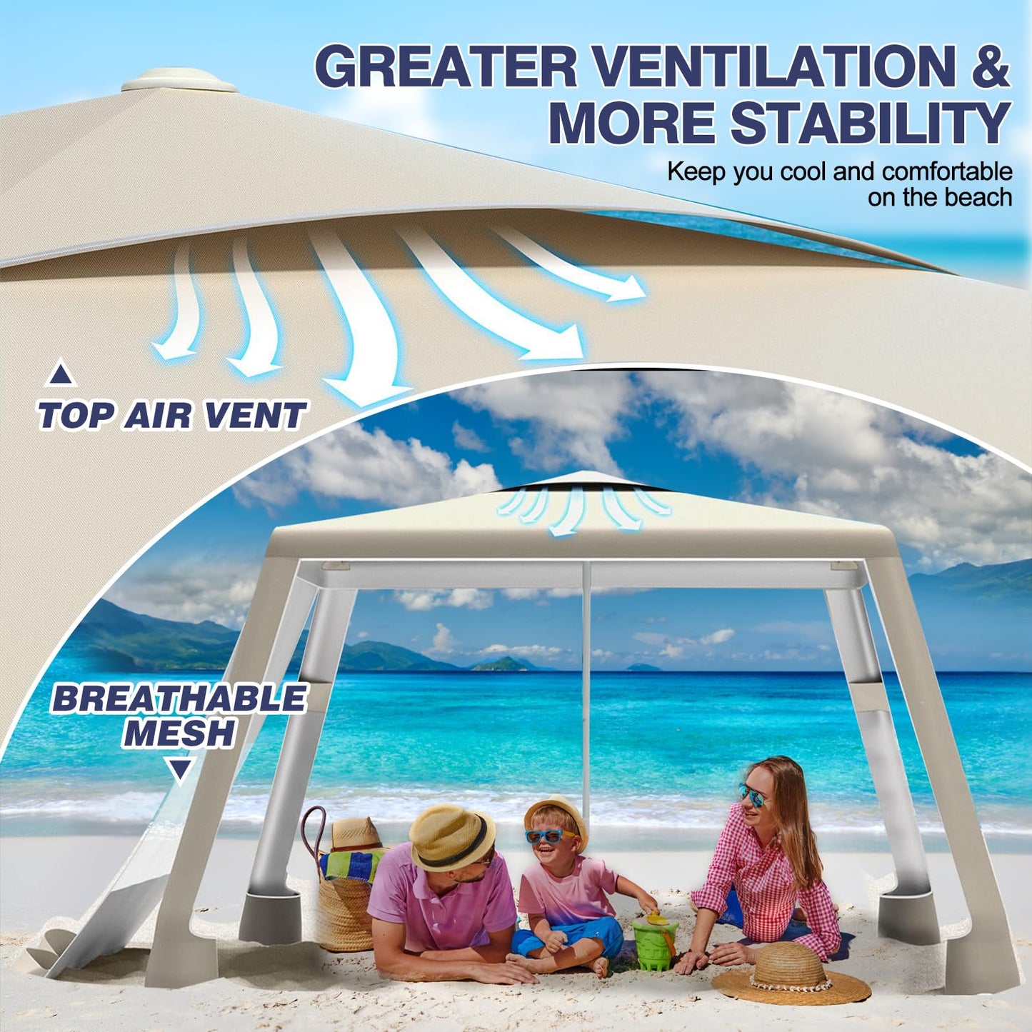 cepkquis Beach Tent,8'×8' Large Beach Canopy for 4-6 People,Easy Setup Beach Sun Shelter with UPF 50+ Protection,Adjustable Height & Wind Resistant Beach Cabana for Family,Party (Khaki - Solid)