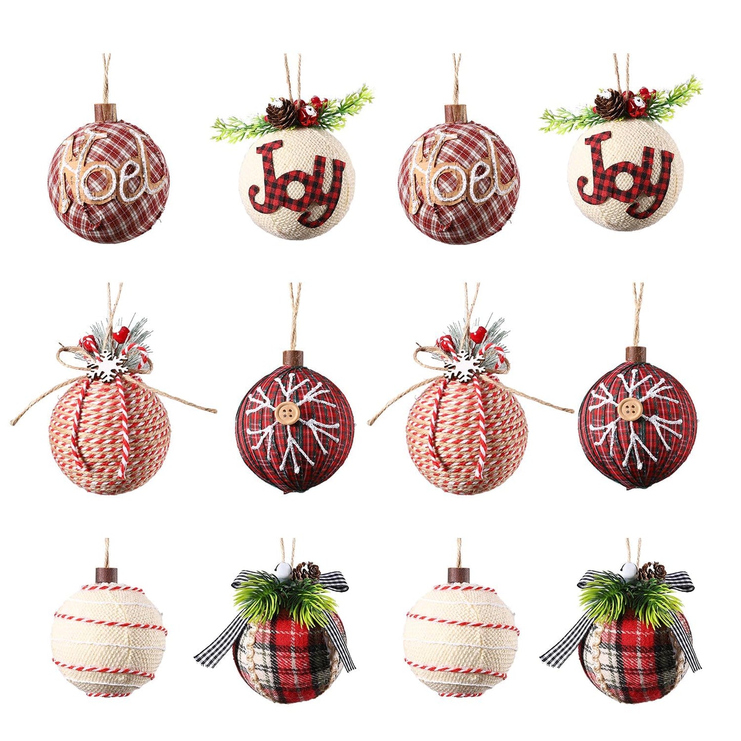 12 Piece Rustic Christmas Tree Ornaments, Farmhouse Christma Decoration, 3.15 inch Natural Jute Burlap Christmas Ball