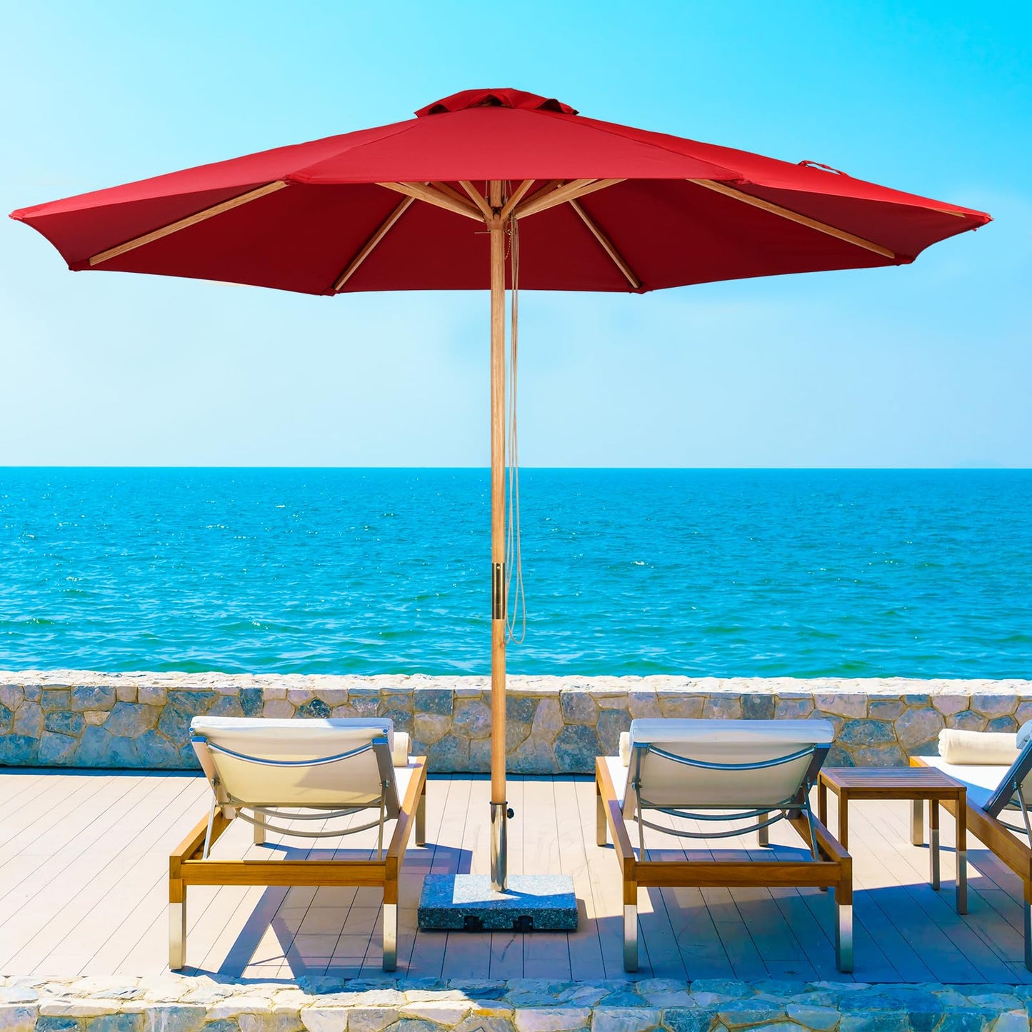 CASUNER 9ft Wooden Umbrella, Outdoor Patio Umbrella, Wood Market Umbrella, Patio Umbrella Wood Pole with Pulley Lift for Garden, Yard, Deck, Pool, Market (RED)