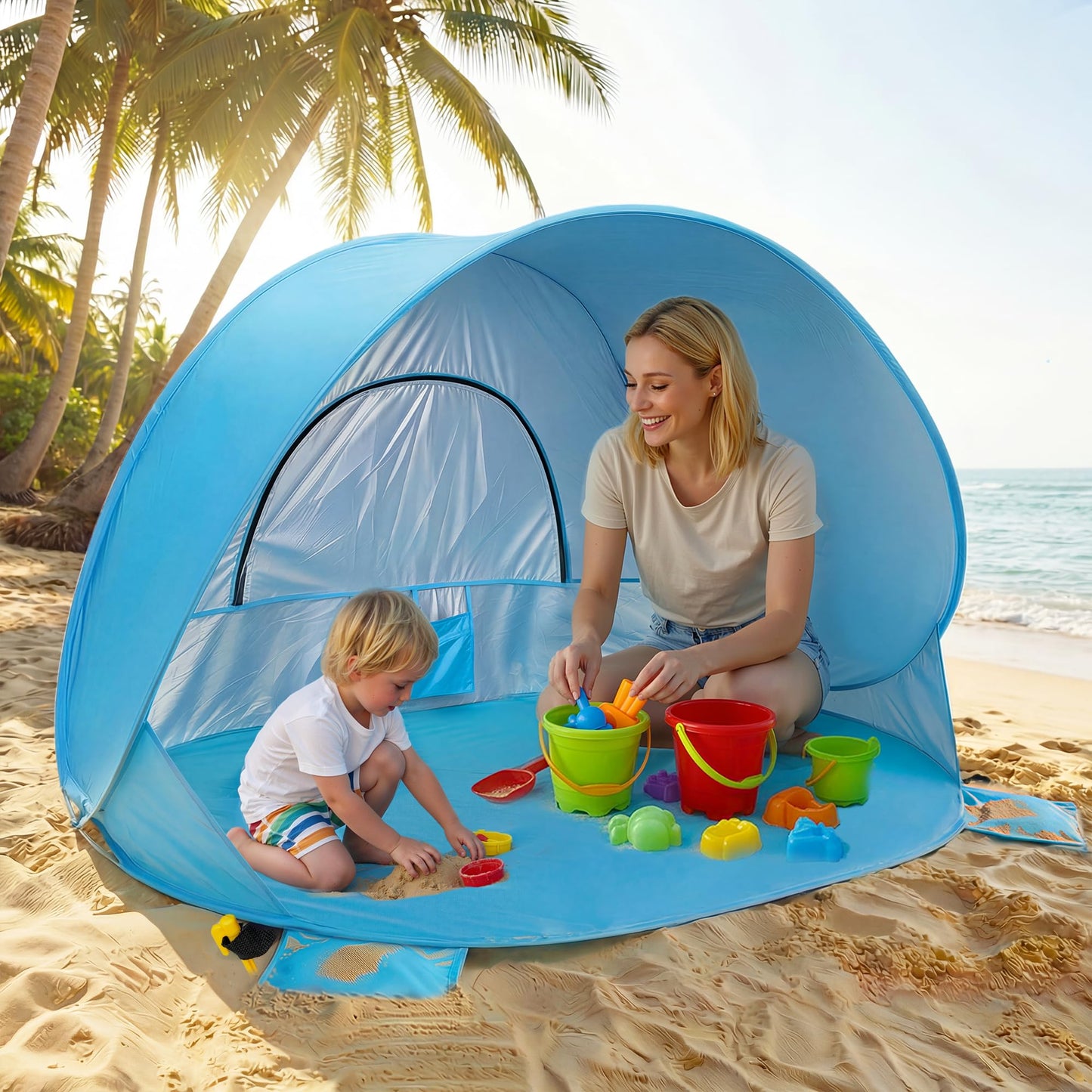 Baby Beach Tent Extra Large Pop Up Baby Tent with UV Protection - Spacious Family Sun Shelter for Parent & Child, Portable Beach Essentials (Blue, 53.1" x 36.6" x 37.4")