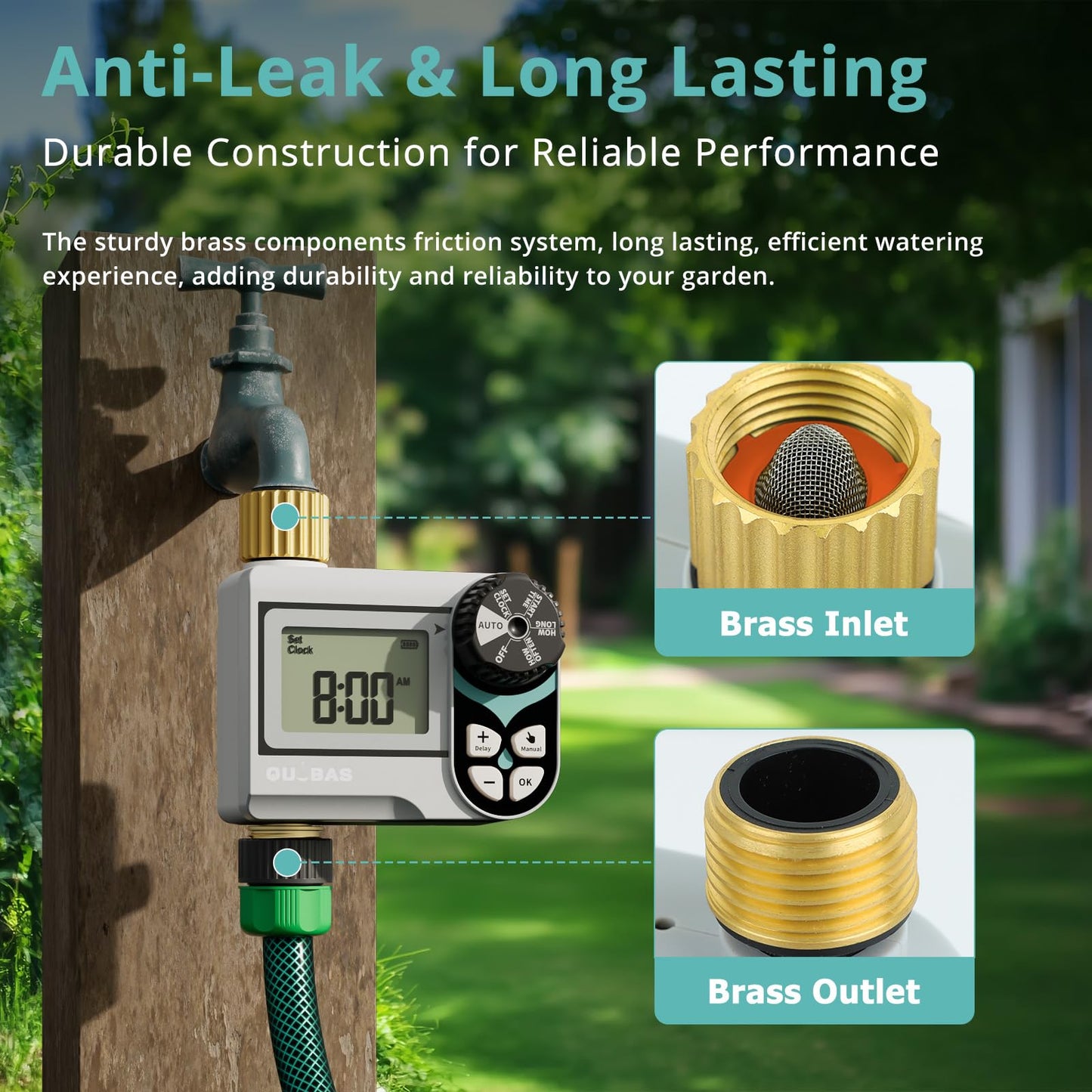 QUOBAS Zero Pressure Water Timer, Programmable Sprinkler Timer for Garden Hose Faucet with Brass Ports, Rain Delay/Manual/Automatic Irrigation System, Low Pressure Watering Compatible Rain Barrel