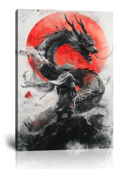 Samurai Black Dragon Canvas Wall Decor Red Sun Japanese Warrior Art Print Asian Dragon Poster for Living Room Bedroom Ready To Hang-18x24 inch