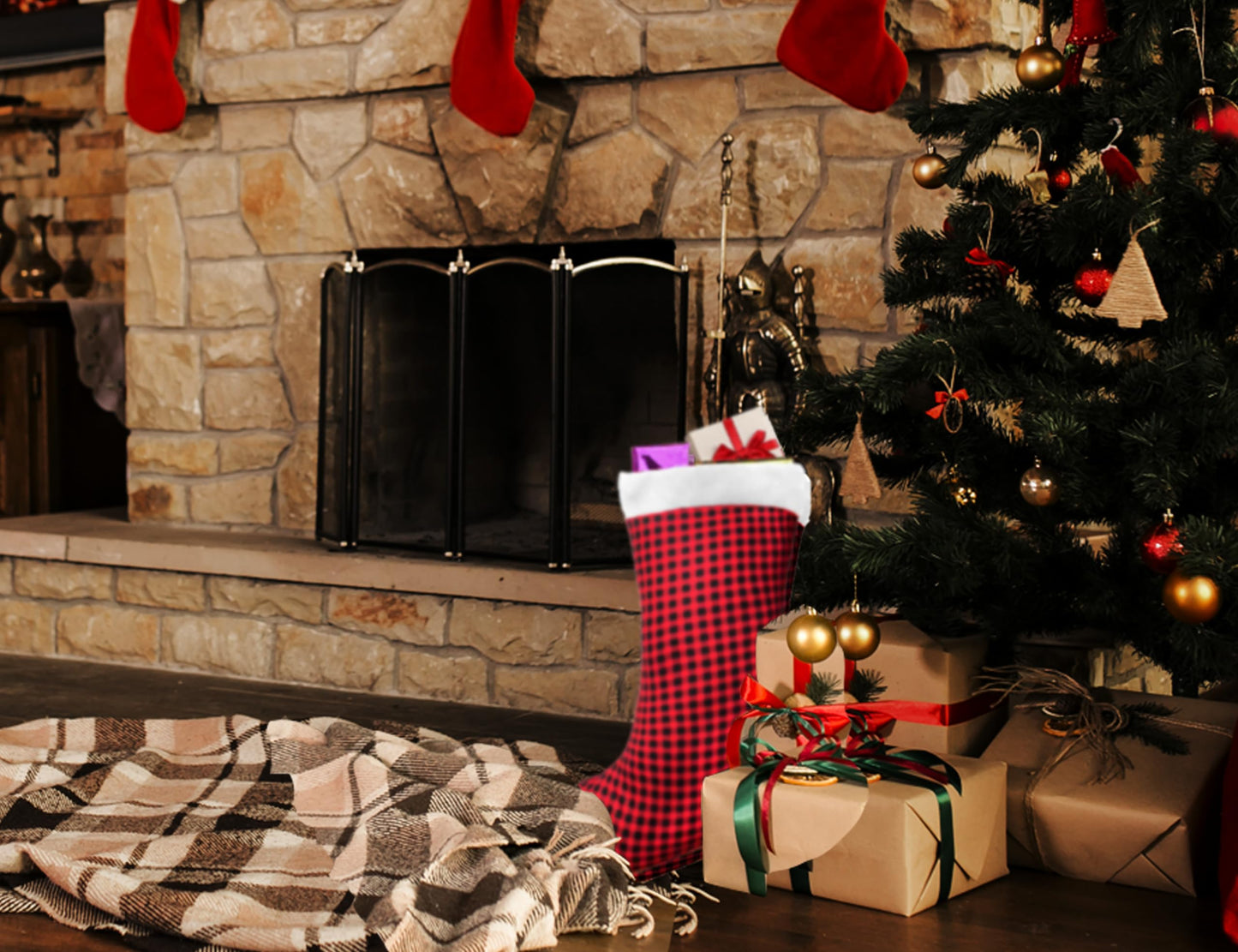MSYO Giant Christmas Stocking - Super Soft Velvet Buffalo Plaid with Plush Cuff, Extra Large Xmas Stocking for Fireplace, Stairs, Mantel - Festive Holiday Home Decor for Christmas Tree(Blue)