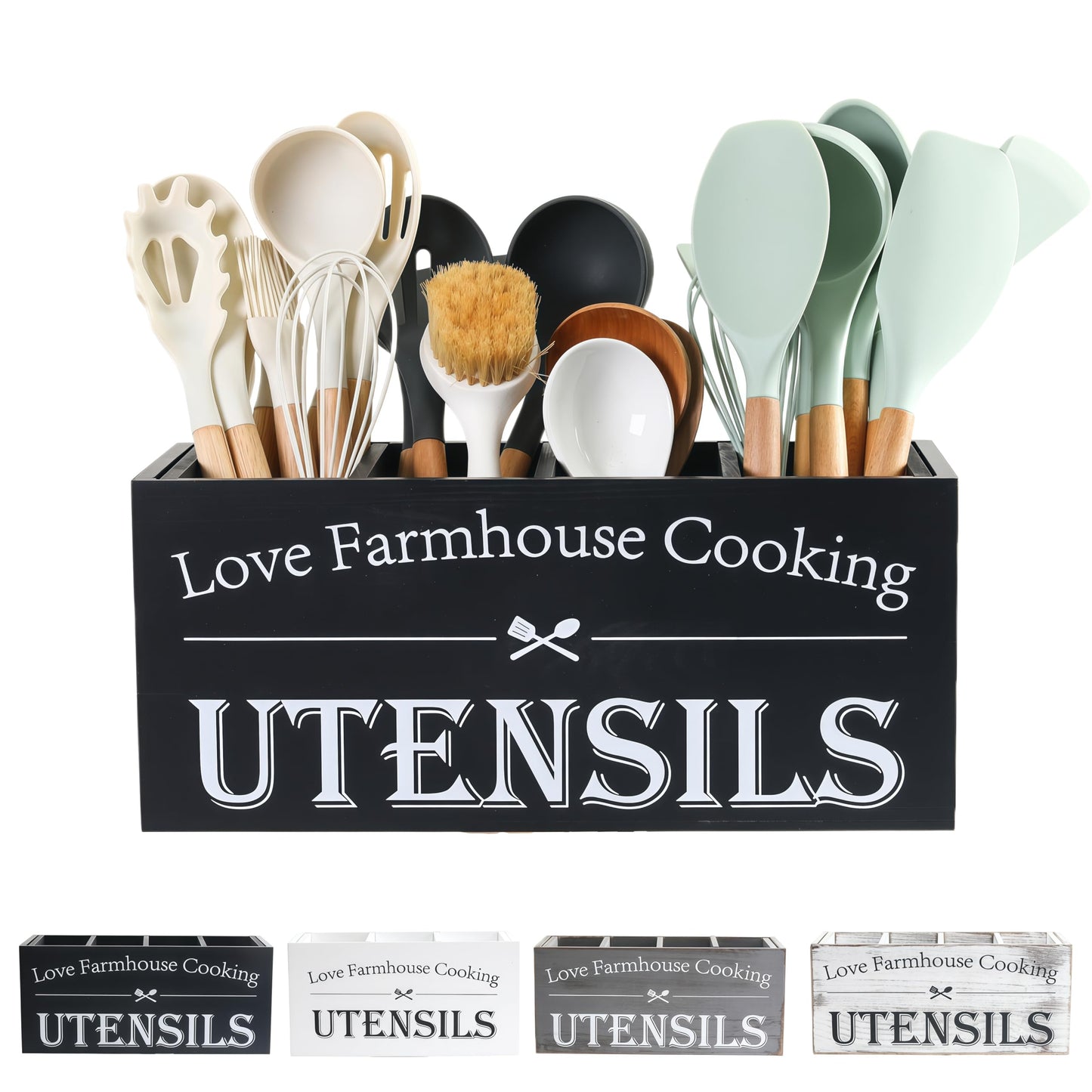 LIBODOUR Utensil Holder,Kitchen Utensil Holder For Kitchen Counter,Extra Large Cooking Spatula Organizer,Farmhouse Wooden Big Storage With 4 Compartments Rustic Flatware Spoon Tool Organizer （Black）
