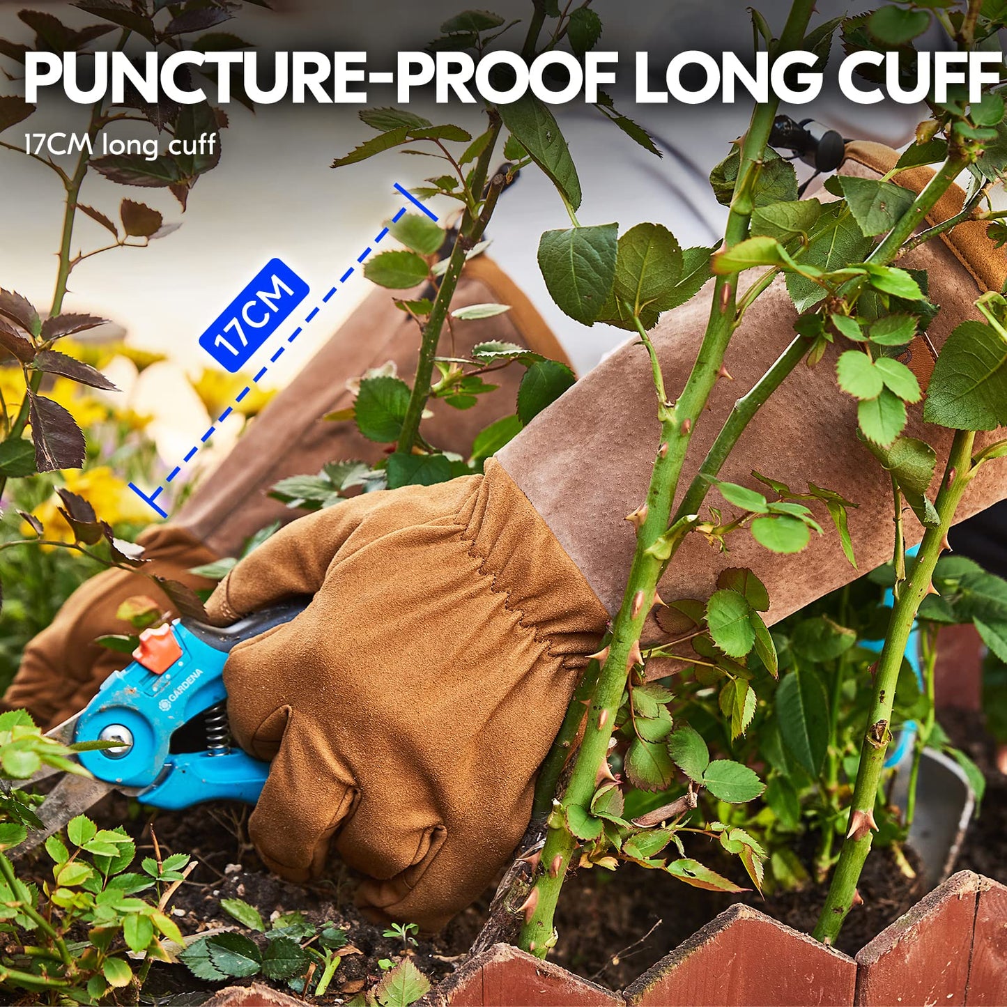 Vgo... Men's Extra-Long Leather Gardening Gloves, Gauntlet with Adjustable Cuff, Puncture & Thorn Proof, Touchscreen (SL6592)