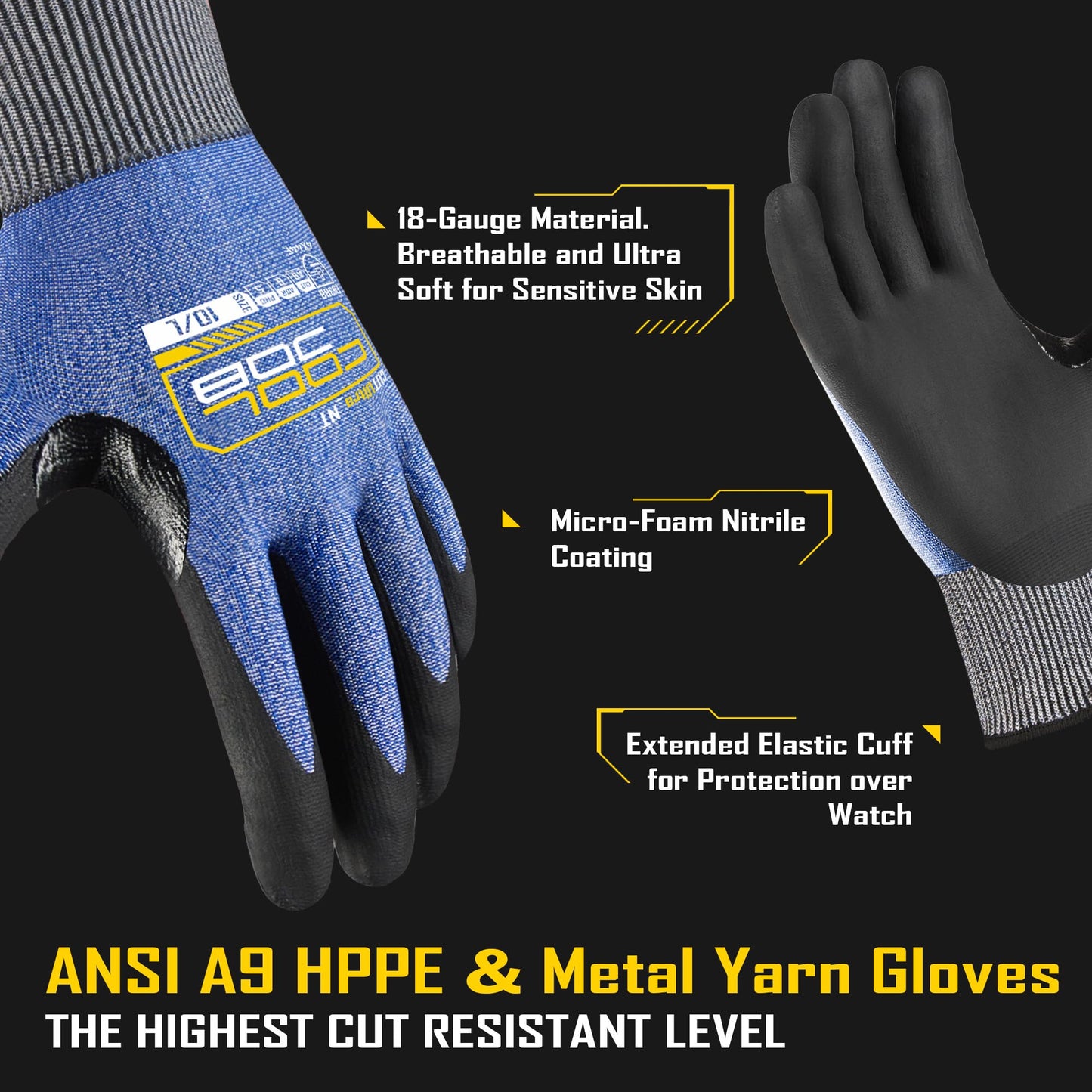 COOLJOB ANSI A9 Cut Resistant Gloves - 1/3 Pairs, Touchscreen Highest Knife Proof Level with Microfoam Nitrile Coated, Safety Work Gloves for Wood Carving, Glass Work, Construction, Blue Large