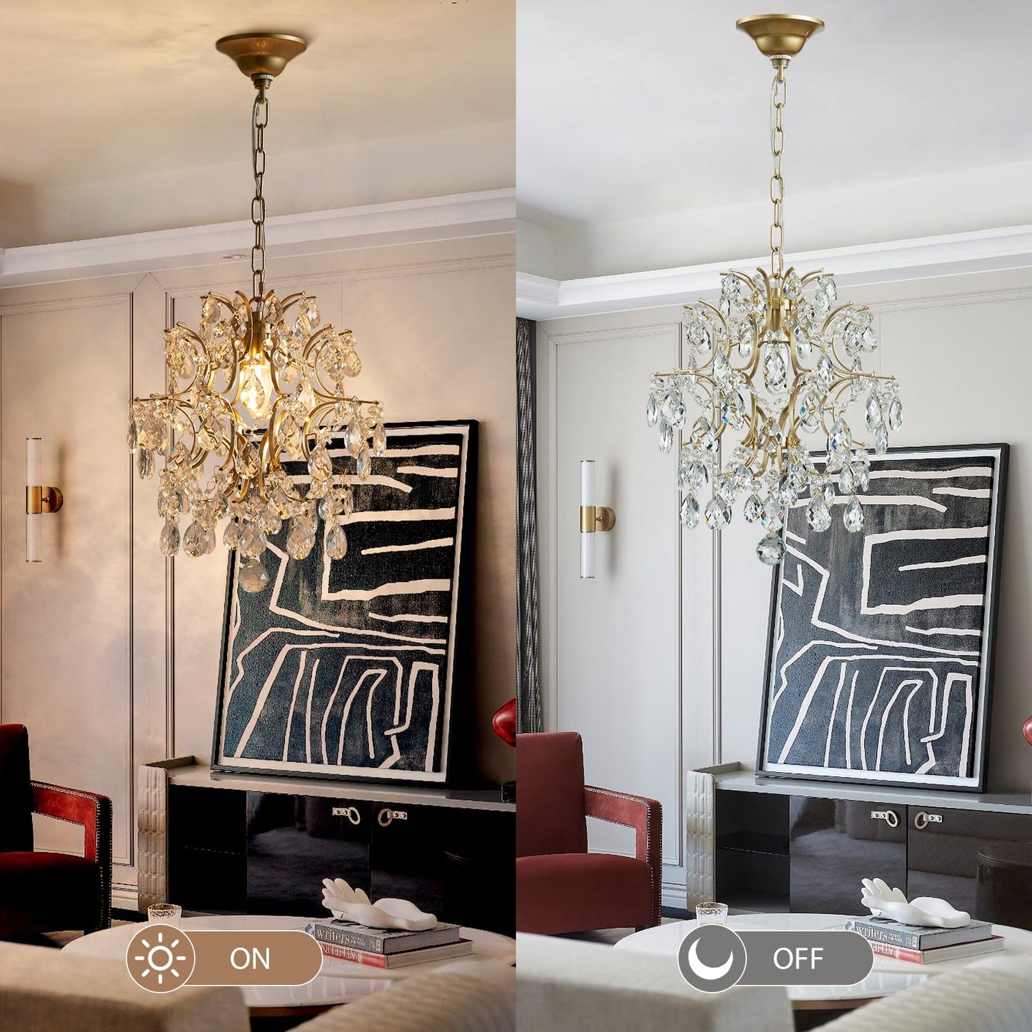 Bestier Gold Modern Pendant Chandelier Crystal Raindrop Lighting Ceiling Light Fixture Lamp for Dining Room Bathroom Bedroom Livingroom entryway 1 E26 Bulbs Required D13 in x H16 in
