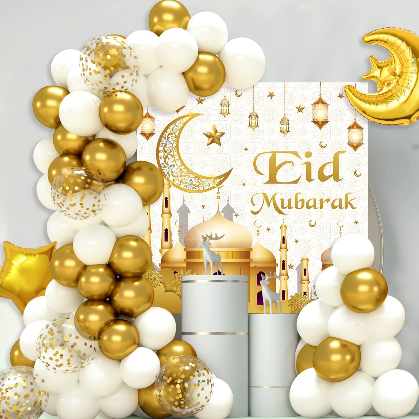 Eid Mubarak Decorations - 70PCS White Gold Ramadan Confetti Balloons with Mubarak Moon Star Foil Balloon, Backdrop for Party Supplies, Eid Decorative Banner for al-Fitr and al-Adha Decor