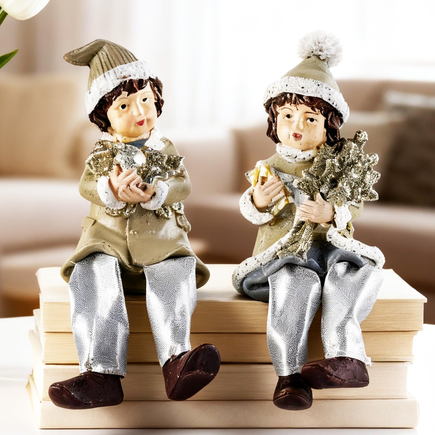 Brizoria Christmas Boy Figurines Shelf Sitters Winter Holiday Decorations Resin Cloth Dolls for Mantel Tabletop Decor, Ideal Gift for Mom, Dad, and Friends