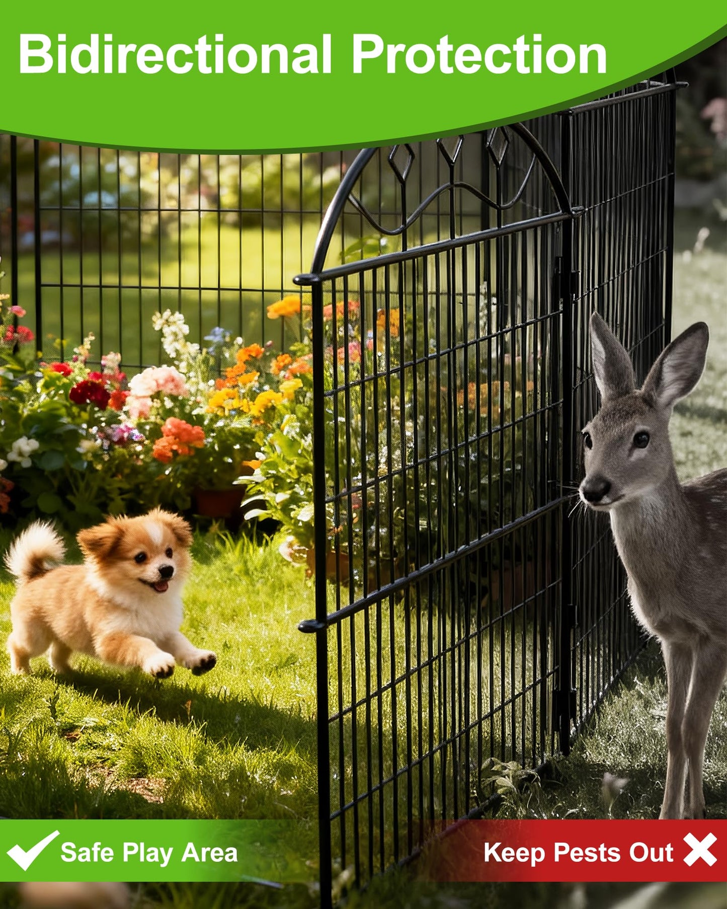 40in Tall 10-Panel Metal Garden Fence, No Dig Temporary Yard Fencing, Reusable Animal Barrier for Large Dogs & Garden Protection, Black