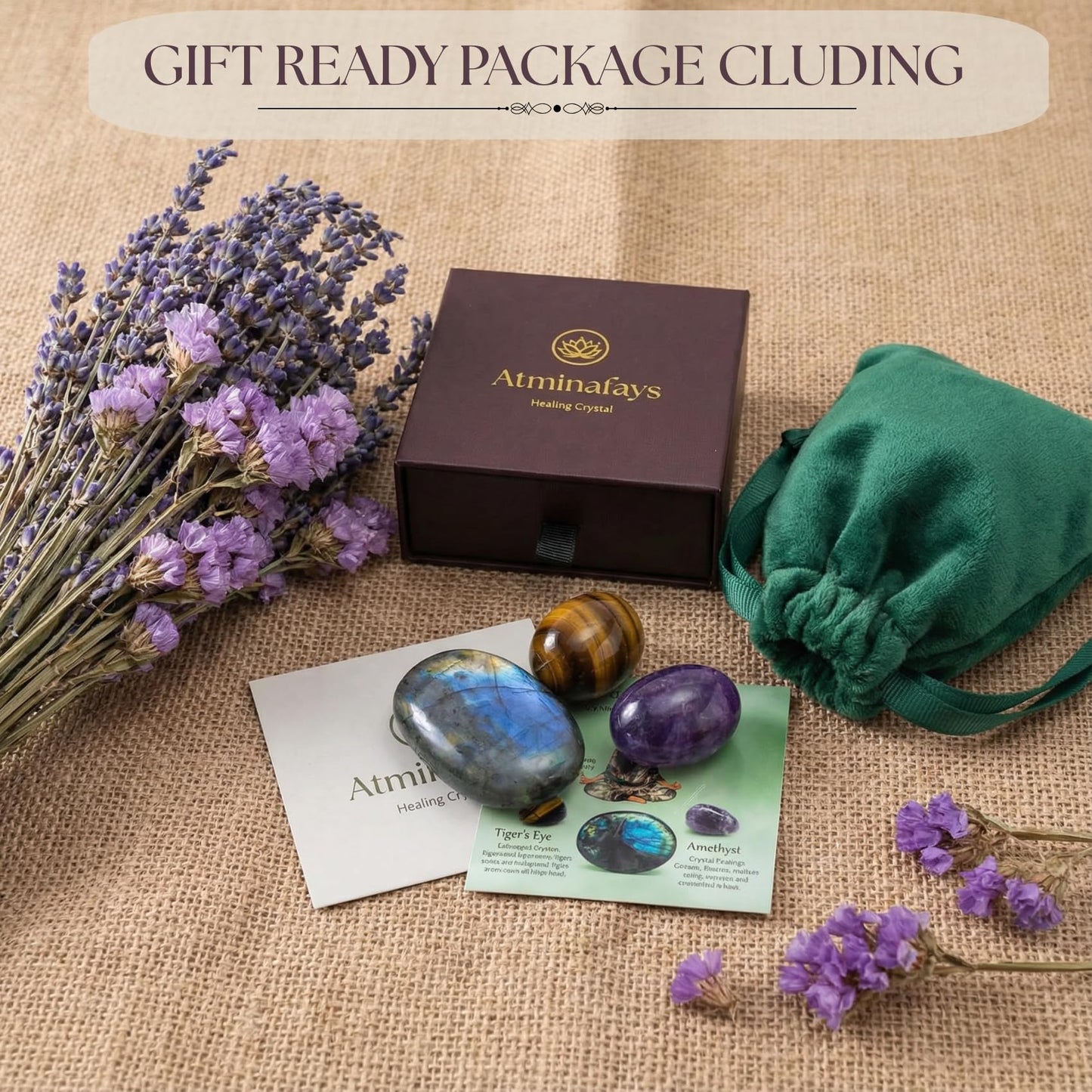 Protection & Anxiety Relief Crystal Set - Polished Palm Stones Labradorite, Tiger Eye & Amethyst, Worry Stones Trio for Meditation, Yoga, Travel Protection, Aura Cleansing & Chakra Balance