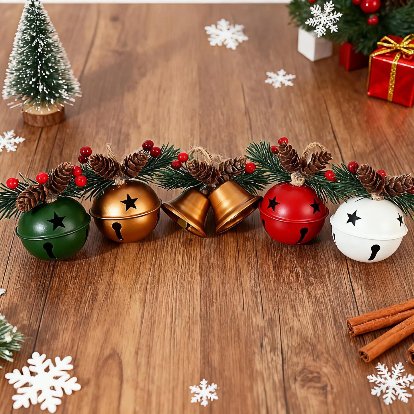 5 Pack Rustic Christmas Bell Ornaments with Pinecones & Berries - Metallic Hanging Decor for Christmas Tree,Mantel,Home (Green,Gold,Red,White)