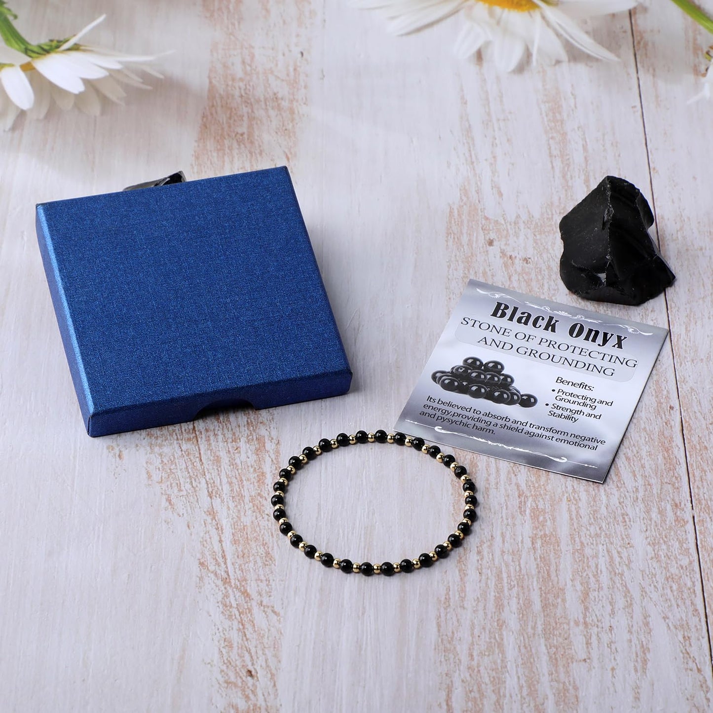 QOGIR Black Onyx - Protecting and Grounding - 14K Gold Plated Beads Natural Gemstone Stretch Elastic Dainty Healing Beaded Bracelets Gifts 4mm