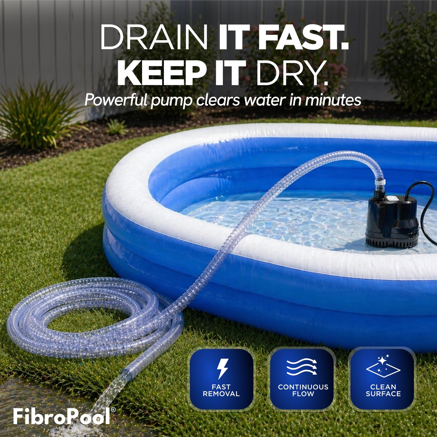 FibroPool 75W Submersible Pool Cover Pump – 10 GPM, 16 ft Hose Included – 120V Electric – Above Ground & Inground Pools, Spas & Ponds – ABS Plastic