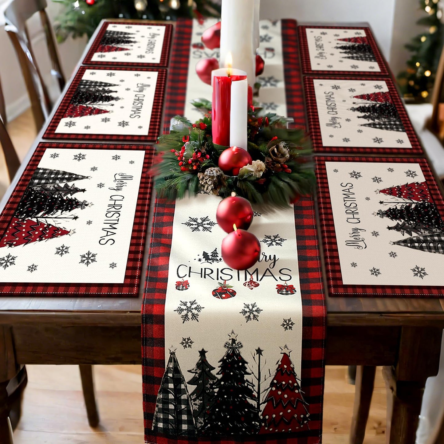 Patelai 7 Pcs Christmas Table Runner and Placemats Set Merry Christmas Buffalo Plaid Table Runner Xmas Placemats Red Black for Holiday Kitchen Dining Room Decor Party Wedding Decoration