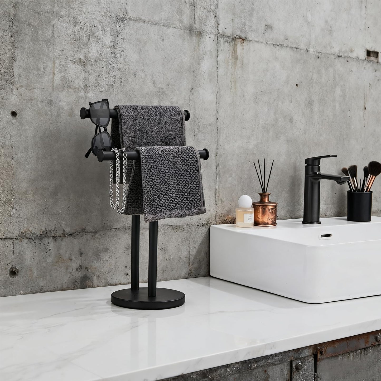 Hand Towel Holder, NEWRAIN Double Countertop Hand Towel Holder Stand, Stainless Steel Free Standing Hand Towel Rack with Heavy Base, for Bathroom Kitchen & Counter top, Matte Black