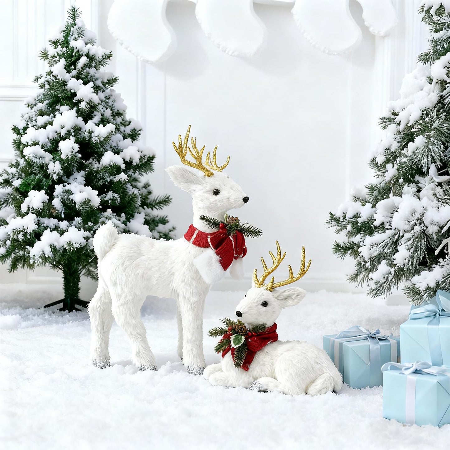 FTEJUWJ 2PCS Christmas Sisal Reindeer Decoration White Sisal Deer Silver Glitter Accented Reindeer Woodland Animals Figurines for Holiday Winter Centerpiece Christmas Tabletop Fireplace Decor (Gold)