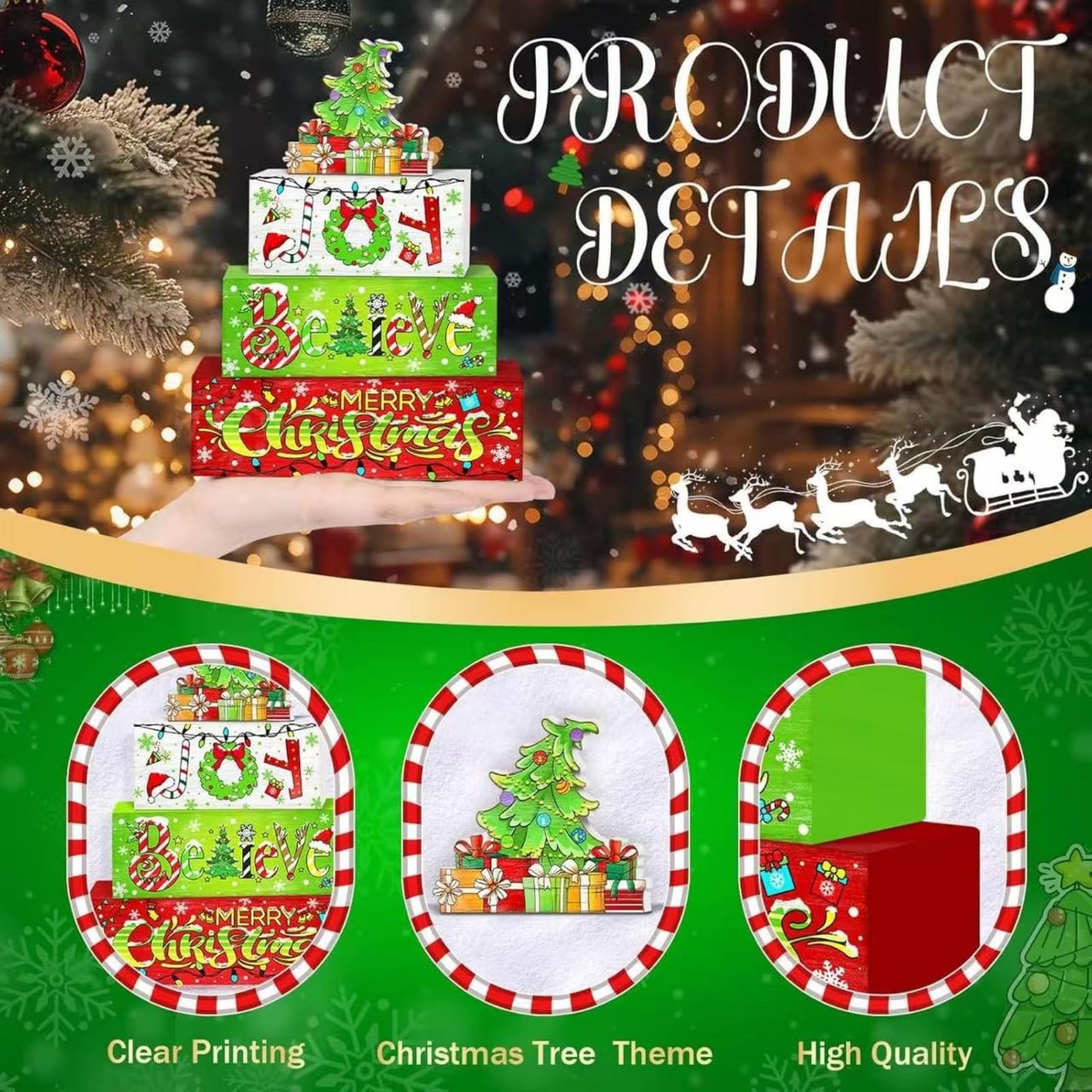 4 Pcs Christmas Wooden Tabletop Decor Winter Christmas Tree Gift Tiered Tray Decorations,Winter Table Centerpieces, Red and Green Centerpiece Rustic Block Signs,Furniture Kitchen Decor Gifts