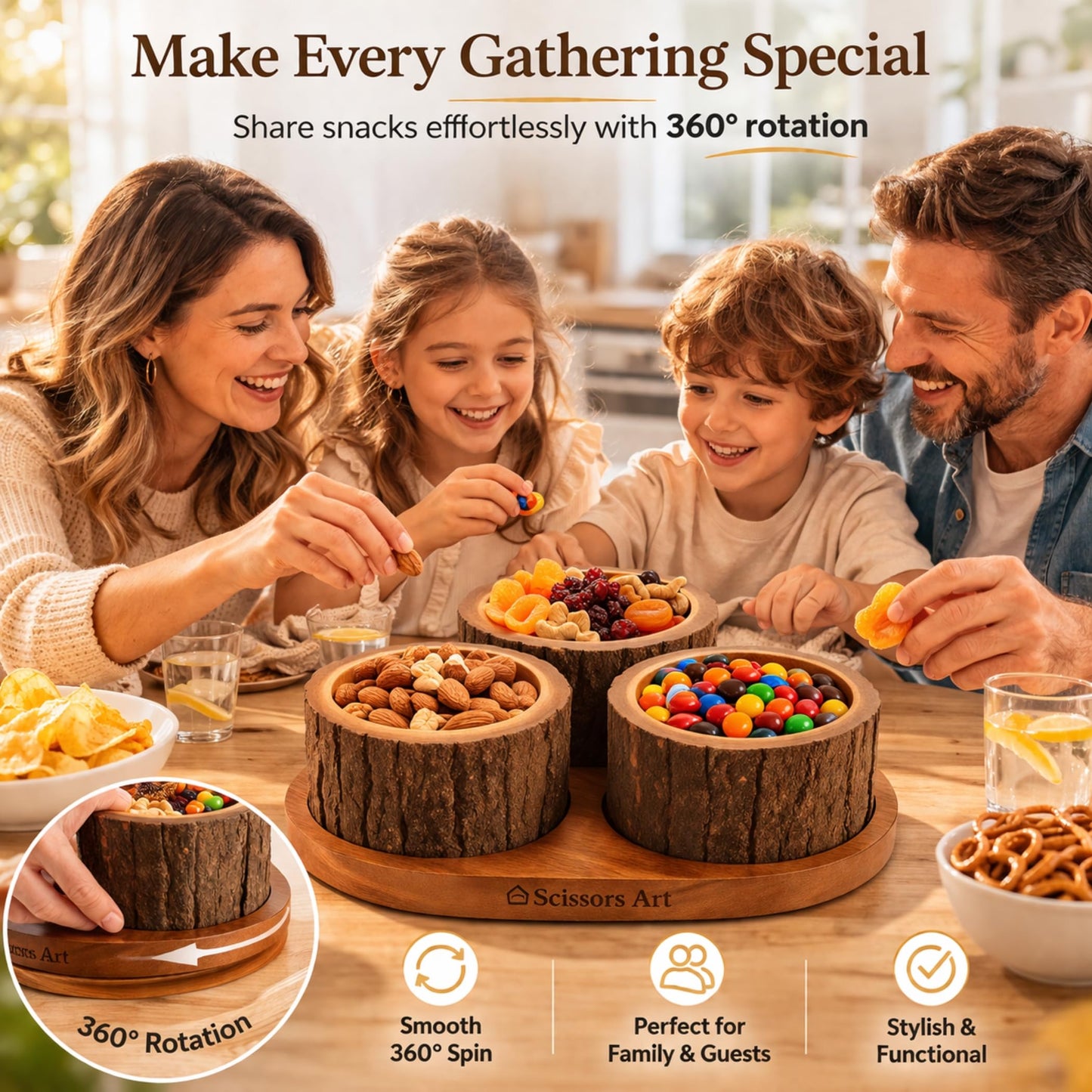 Scissors Art Wooden Dry Fruit Serving Set – 360° Rotating Divided Snack Organizer | Fruit & Veggie Platter for Party, Candy, Appetizer & Condiment Serving Bowls (3 Bowl Set)