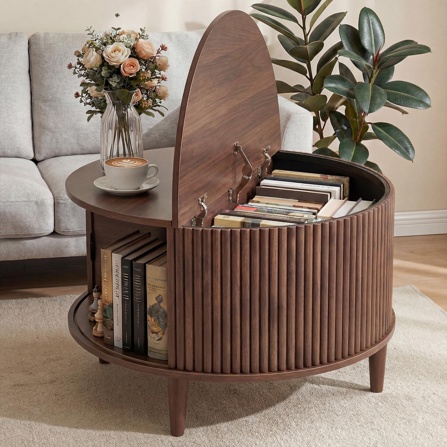 DUMOS Coffee Table, Round Coffee Tables with Storage, Fluted Center Table for Living Room, 31.69" Mid Century Modern Table with Sliding Cabinet Door, 2-Tier Rustic Wood Desktop, Brown