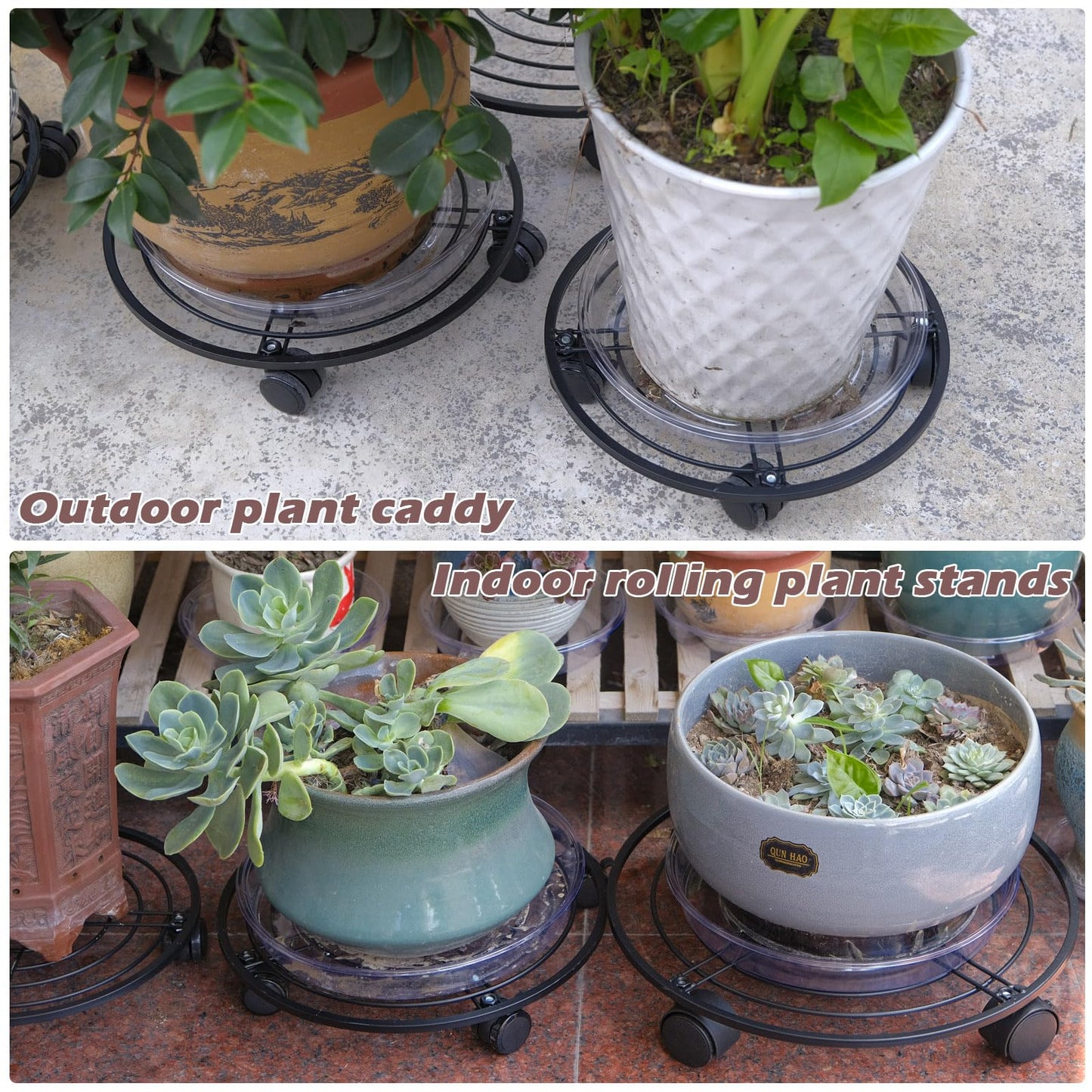 12" Metal Plant Caddy with Wheels 3 Packs Large Rolling Plant Stands Indoor Wheeled Plant Dolly Heavy-duty Planter Mover Roller Base Outdoor Plant Trolley Cart Water-proof, Plant Saucers on Wheels