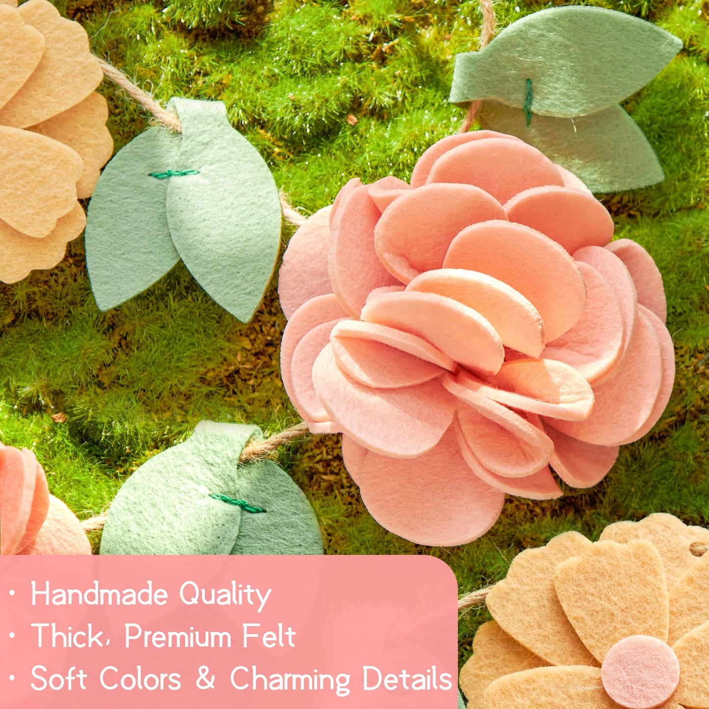 Handmade Felt Flower Garland, Flower Party Decorations, Pre-Strung Spring Garden Decorations for Girls Women Mom, Floral Birthday Party Decor
