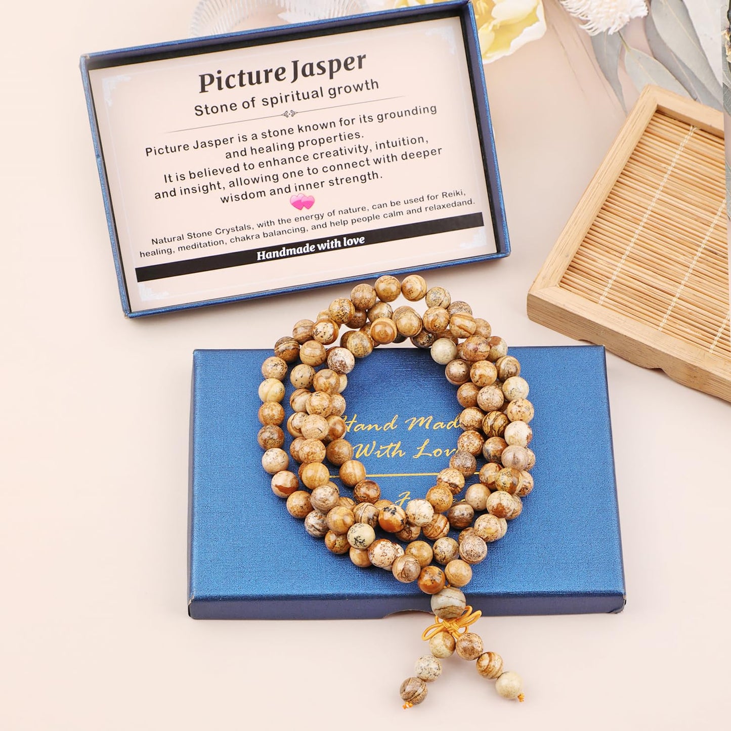 AD Beads 8mm 108 Prayer Mala Picture Jasper Elastic Bracelet - Spiritual Growth - Handmade Yoga Meditation Healing Power Energy Gifts for Unisex Adult.