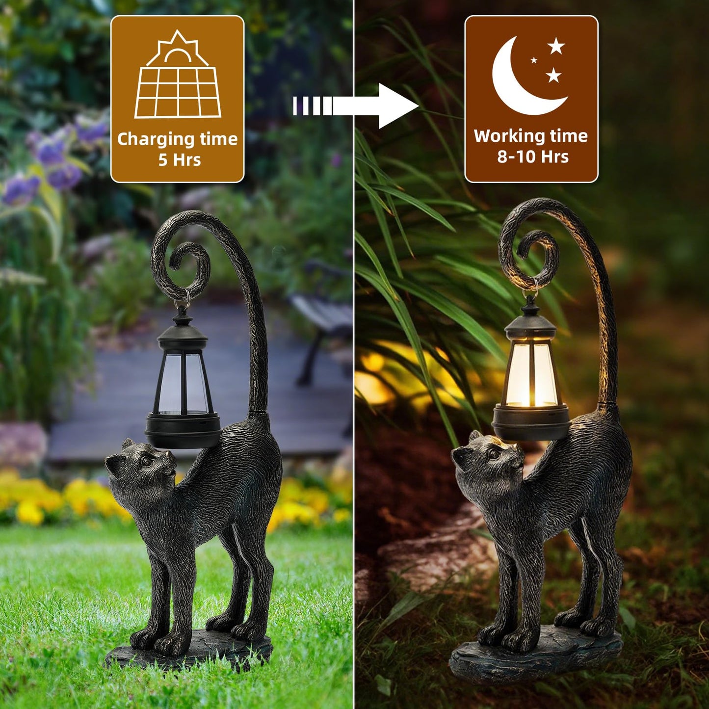 ZioWio Solar Cat Garden Decor Outdoor Statue - Cat with LED Waterproof Sculptures Lights, Cute Pond/Yard Statues Outside Decoration, Home, Lawn, Patio, Resin Animal Ornament, Women/Gardening Gift