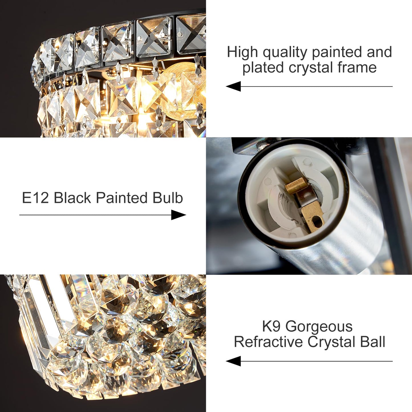 CEENLI 4-Light Black Crystal Chandeliers Flush Mount Chandelier Light Fixture with K9 Crystals Modern Ceiling Lights Elegant Round Lamp for Bedroom,Hallway,Bar,Living Room,Dining Room,H5.9 xW13.7