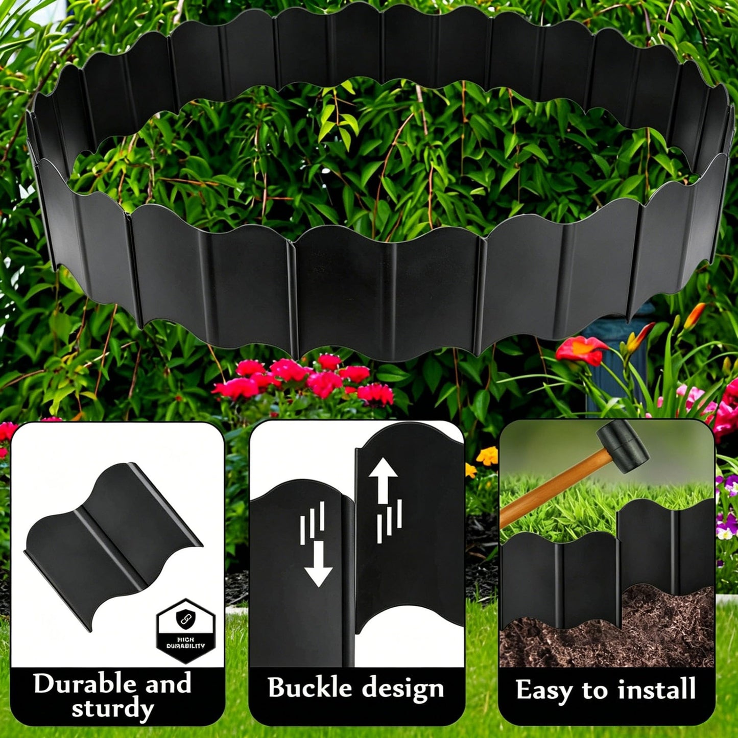 Orgrimmar 20 ft Garden Edging 40PCS Interlocking Landscaping Edging Kit, Plastic No-Dig Pound-in Garden Edge(20' Long x 5.3” Tall) - Black