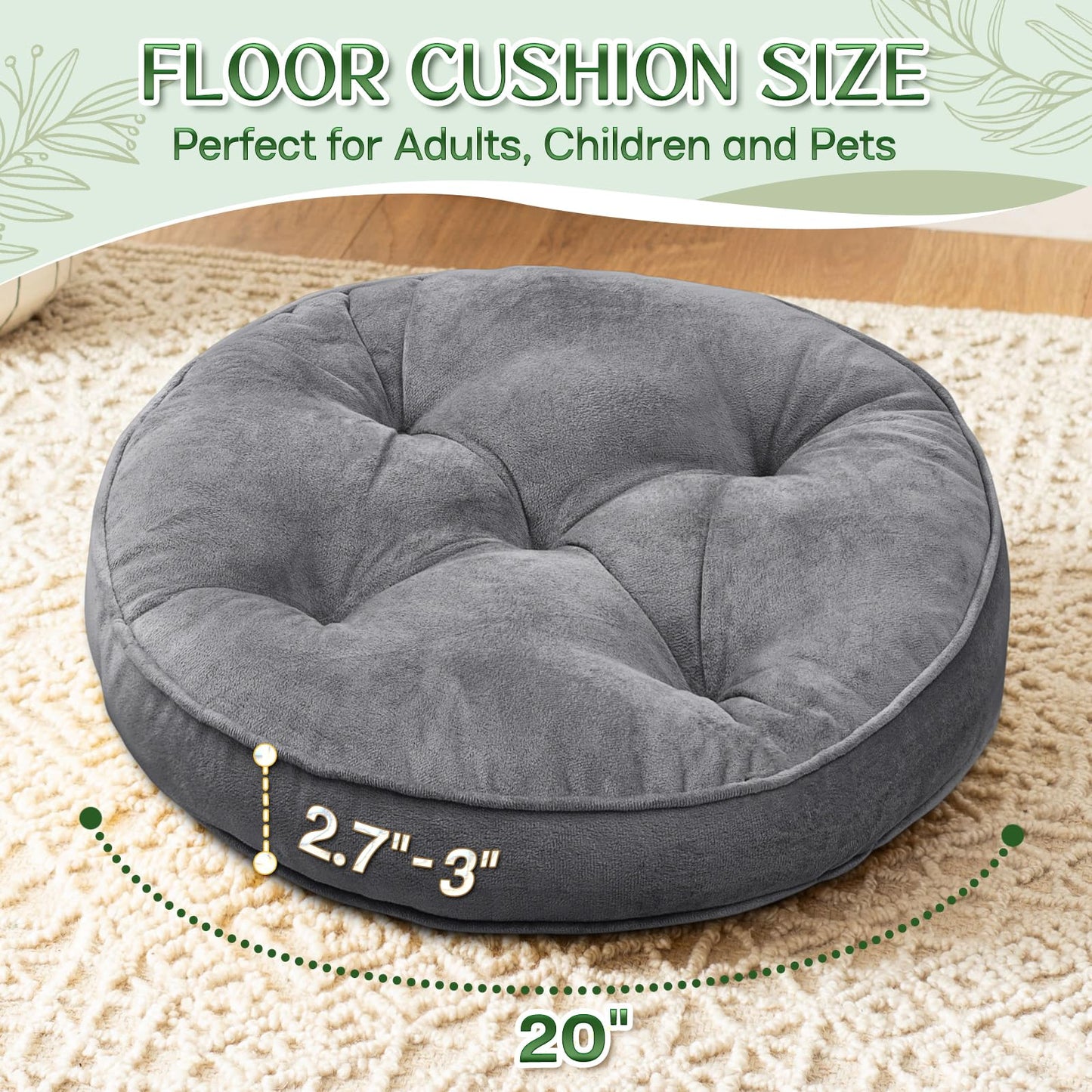 1 MIDDLE ONE Floor Pillow Set of 2, Memory Foam Meditation Cushion, Floor Cushions for Adults Sitting, Large Round Seat Cushions for Yoga, Living Room, 20x20 Inch (Round | Grey)