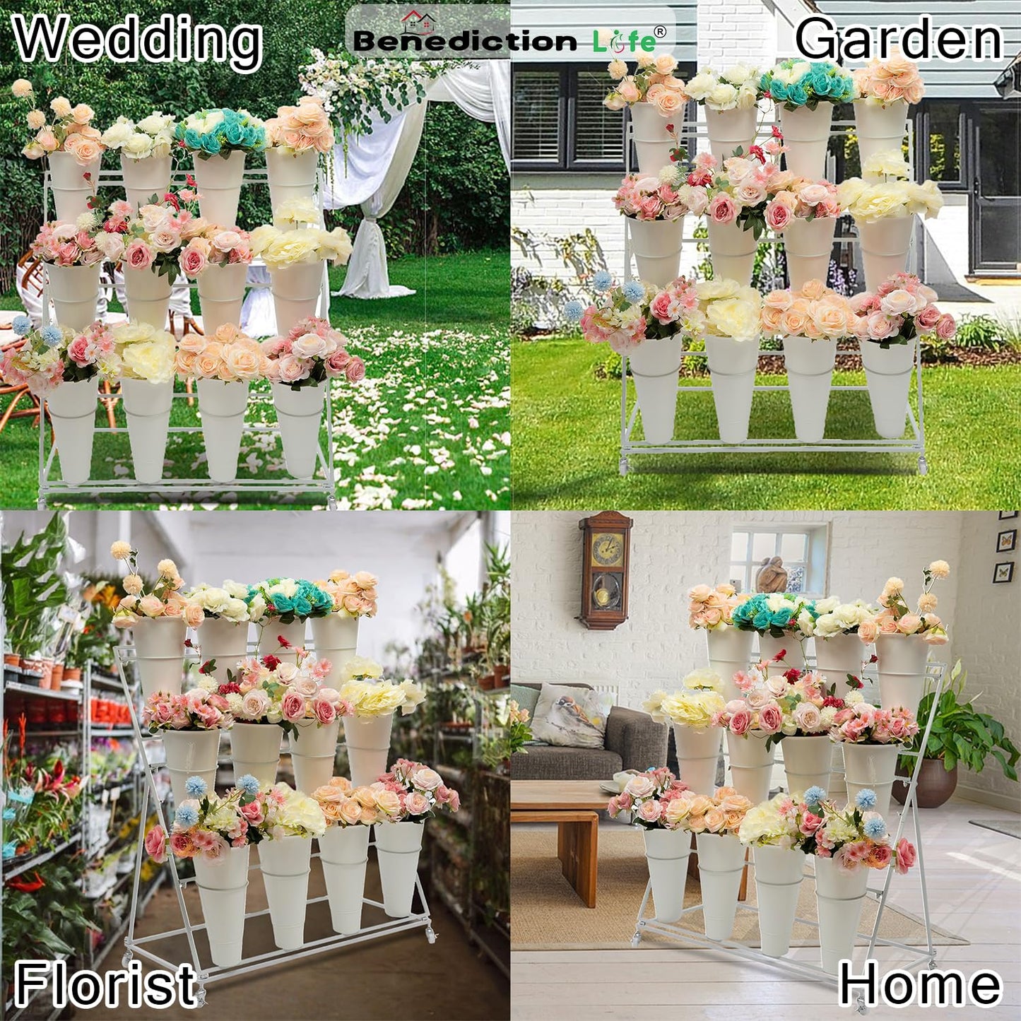 Benediction Life Flower Display Stand With Wheels,3 Layers Plant Cart with 12PCS Buckets,Heavy Duty Moving Flower Rack for Indoor, Outdoor Patio Garden, Living Room, Florist, Delivered in Two Packages