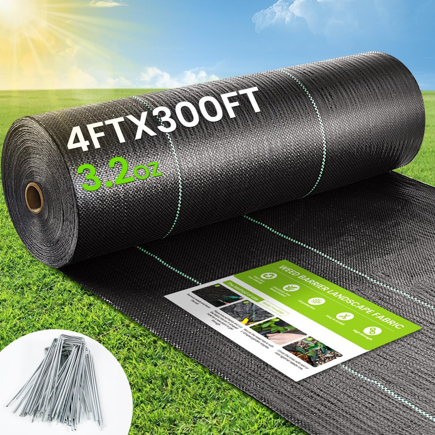 Weed Barrier Fabric, 4x300ft Landscape Fabric, 3.2oz Heavy Duty Durable Woven Geotextile Fabric, High Permeability Ground Cover Mat, Driveway Fabric, Garden Weed Control Cloth with 20 U-Securing Pegs