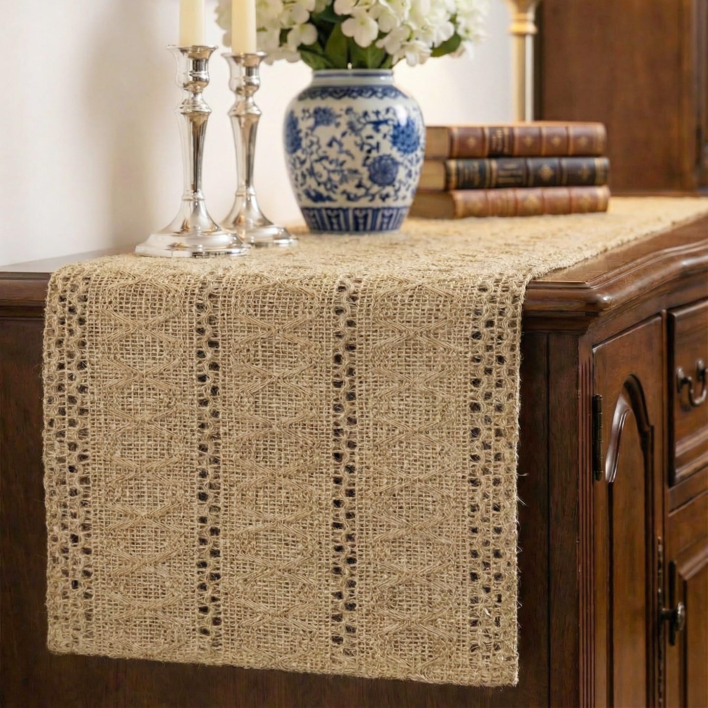 Xiomot Burlap Boho Table Runner Farmhouse Rustic Jute Macrame Woven Dining Table Runner for Bedroom Dresser Kitchen Home Decor(Brown, 12x36 in)