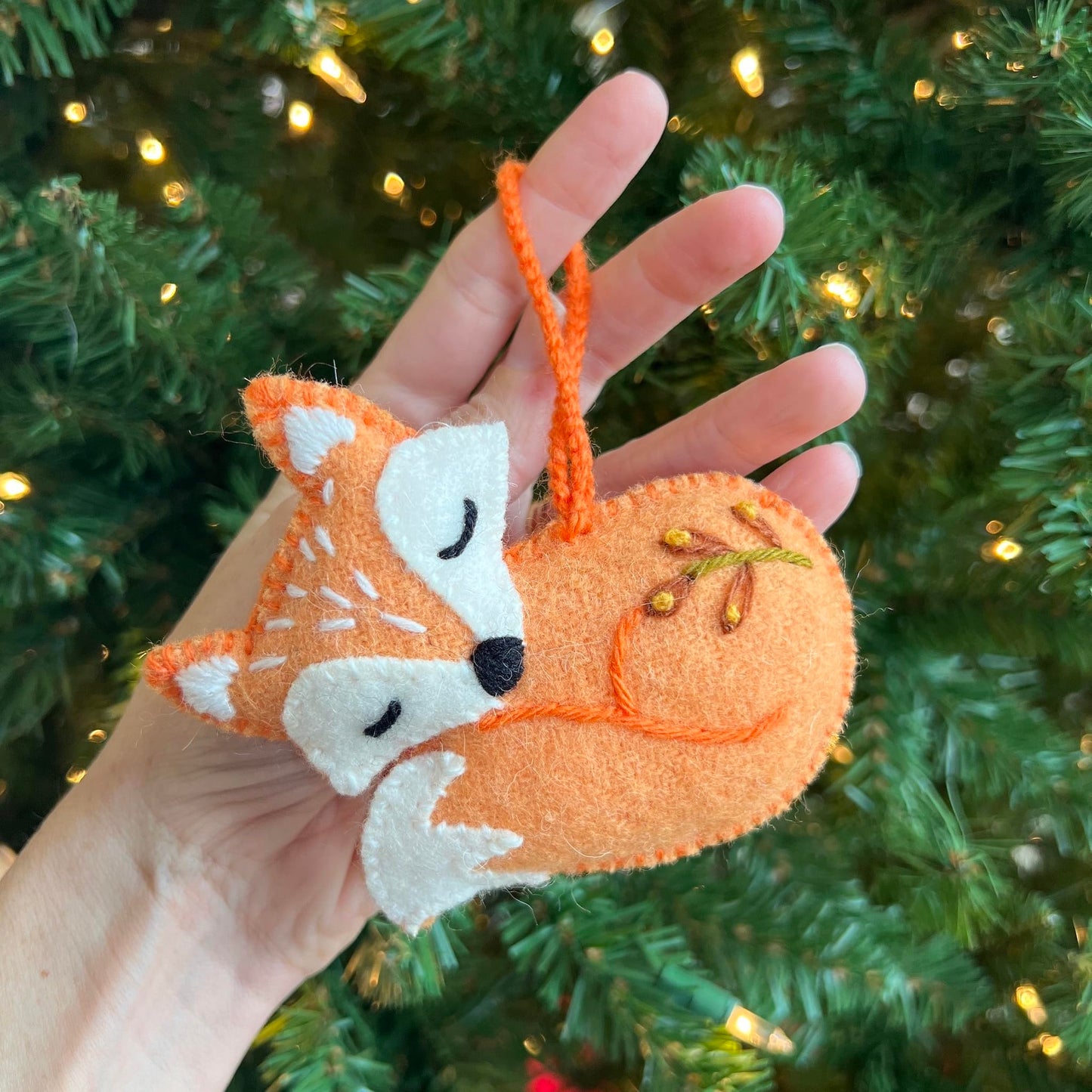 Sleeping Fox Christmas Ornament Handmade Embroidered Felt