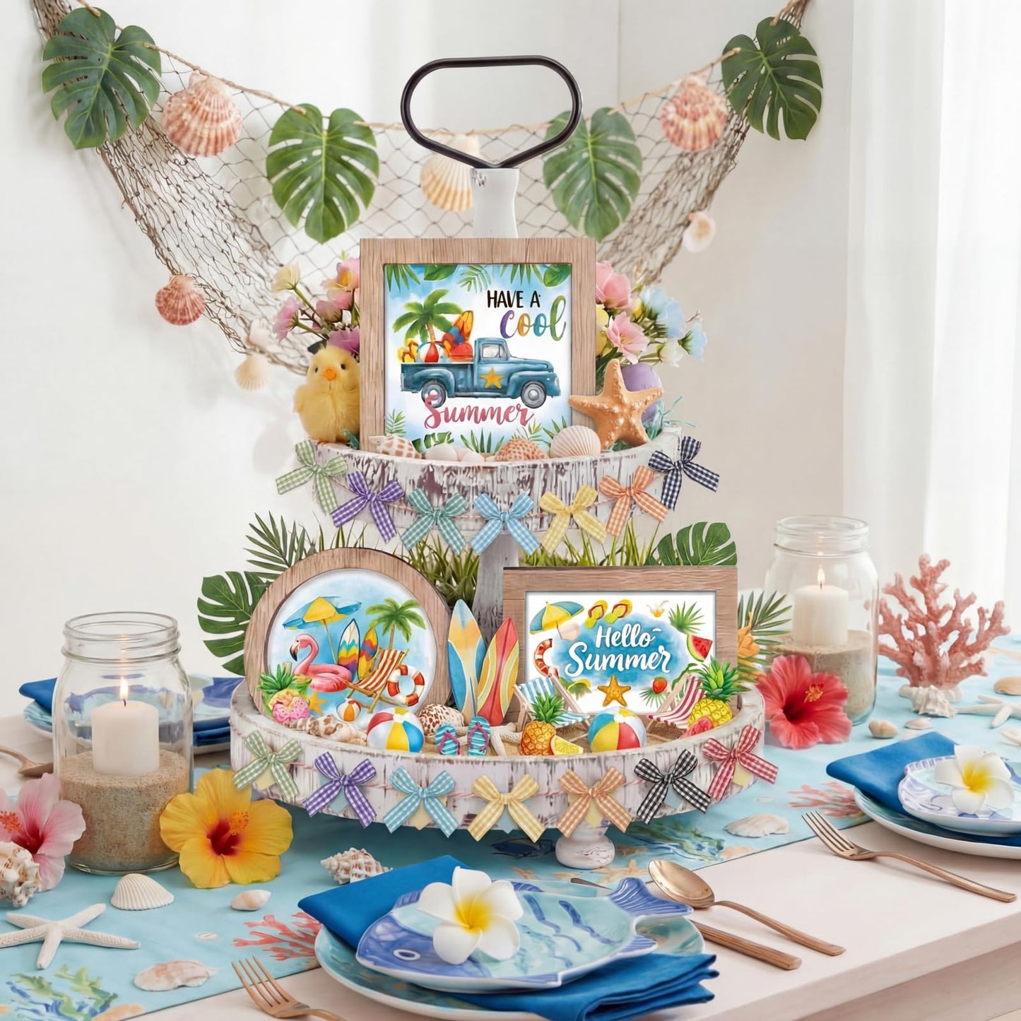 GlikCeil 95 Pcs Interchangeable All Season Tiered Tray Decor Set Farmhouse Holiday Decorations Wooden Frames Ladders with Season Cards Bows for Home Kitchen Valentine Easter Mardi Gras Spring Summer