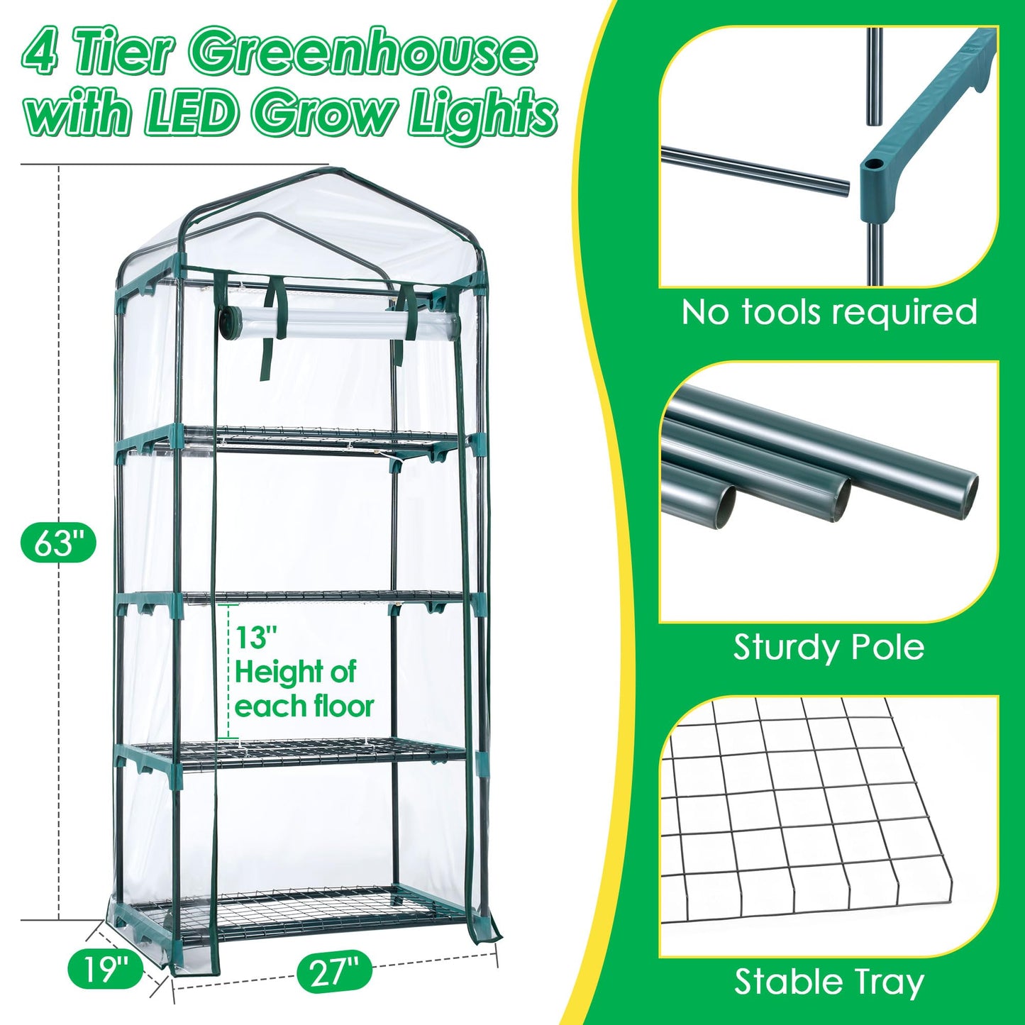 Meonum Indoor Greenhouse with LED Grow Lights, 4 Tier Mini Greenhouse with Roll-Up Zipper PVC Waterproof Cover and Trays, Dimmable Plant Grow Light for Indoor Plant with Timer, 27 L X 19 W X 63 H