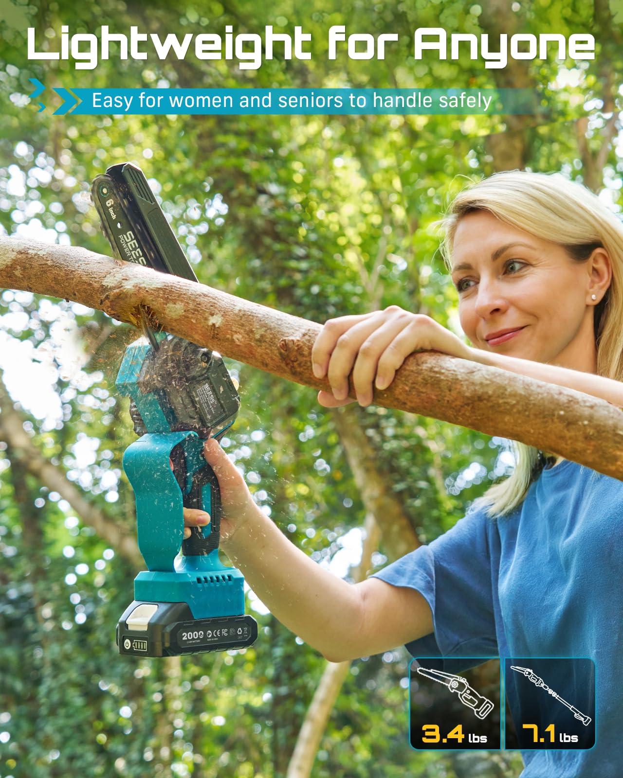 SEESII 2-in-1 Electric Pole Saws for Tree Trimming, 6 Inch Mini Chainsaw Cordless with Extension Pole, Battery Powered Pole Chain Saw, Tree Trimmer Limb Branch Cutter Pruner with 2 Battery P6 Plus