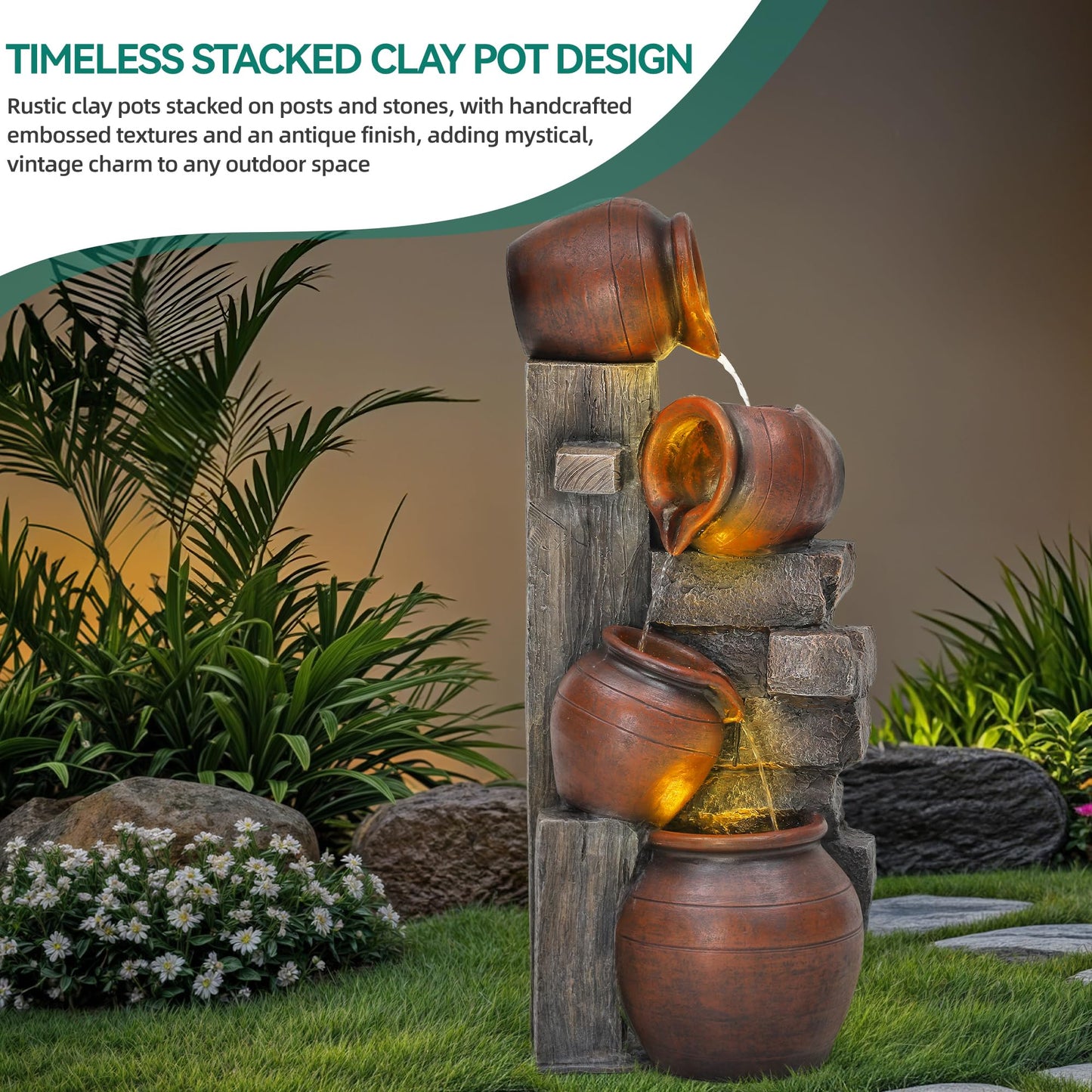 Autodaya 31.5" H Outdoor Water Fountain with LED Lights and Pump, Cascading Pitchers Farmhouse Garden Fountain Waterfall for Patio, Porch, or Yard