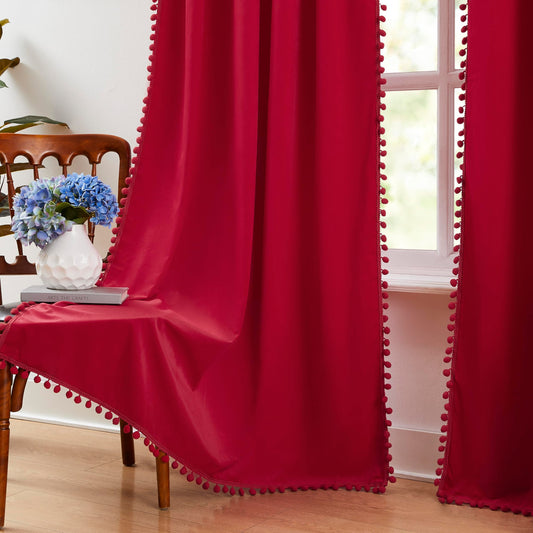 Treatmentex Red Pom Pom Velvet Curtains for Christmas Holiday Season 42"x 84" Length Soft Room Darkening Window Drapes for Living Room, 2Panels, Rod Pocket