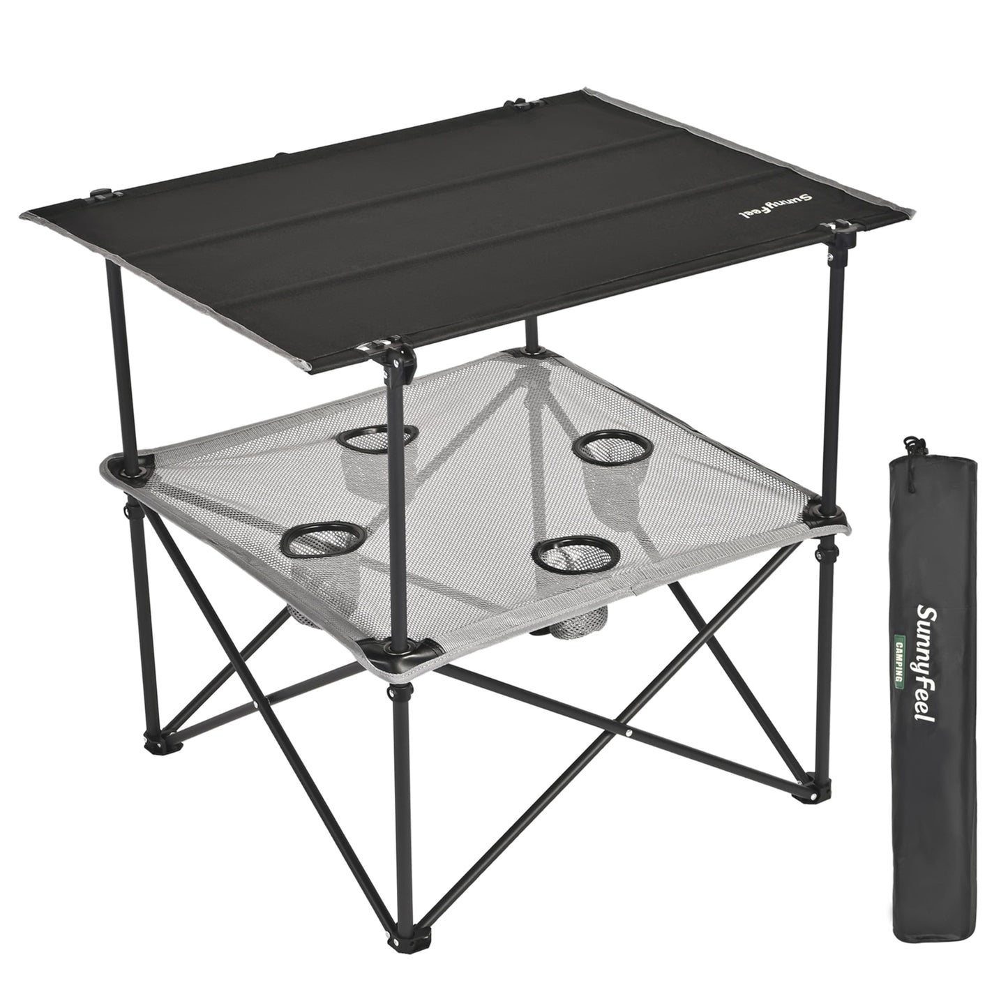 SUNNYFEEL Folding Camping Table- Collapsible Portable Beach Table with 4 Cup Holders & Carry Bags, Tailgate Table for Outdoor Excursion Picnic Hiking Fishing Travel Parties, Black