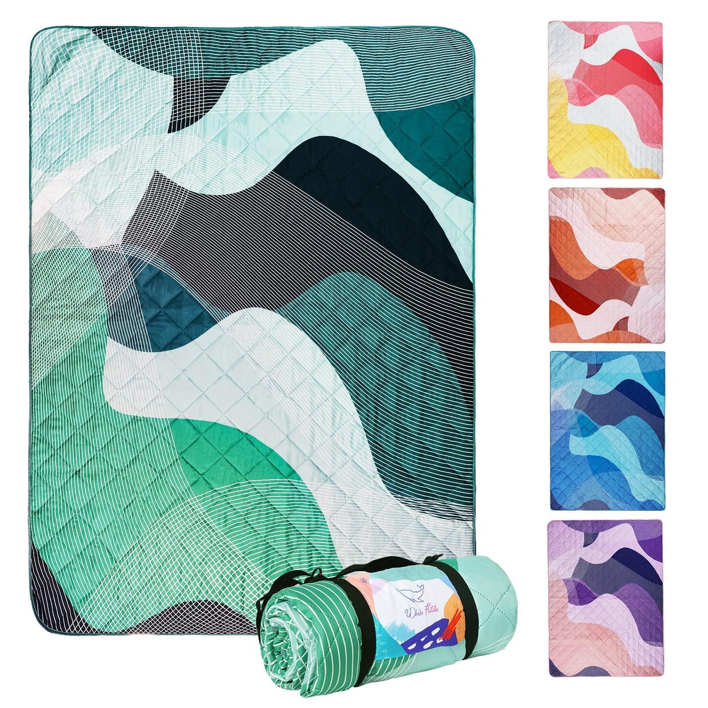 Whale Flotilla Extra Large Waterproof Picnic Blankets 60"x80", Foldable Lightweight Outdoor Blanket for Camping, Hiking, Traveling, Soft Portable Easy to Clean Picnic Mat for Beach Grass Park, Green