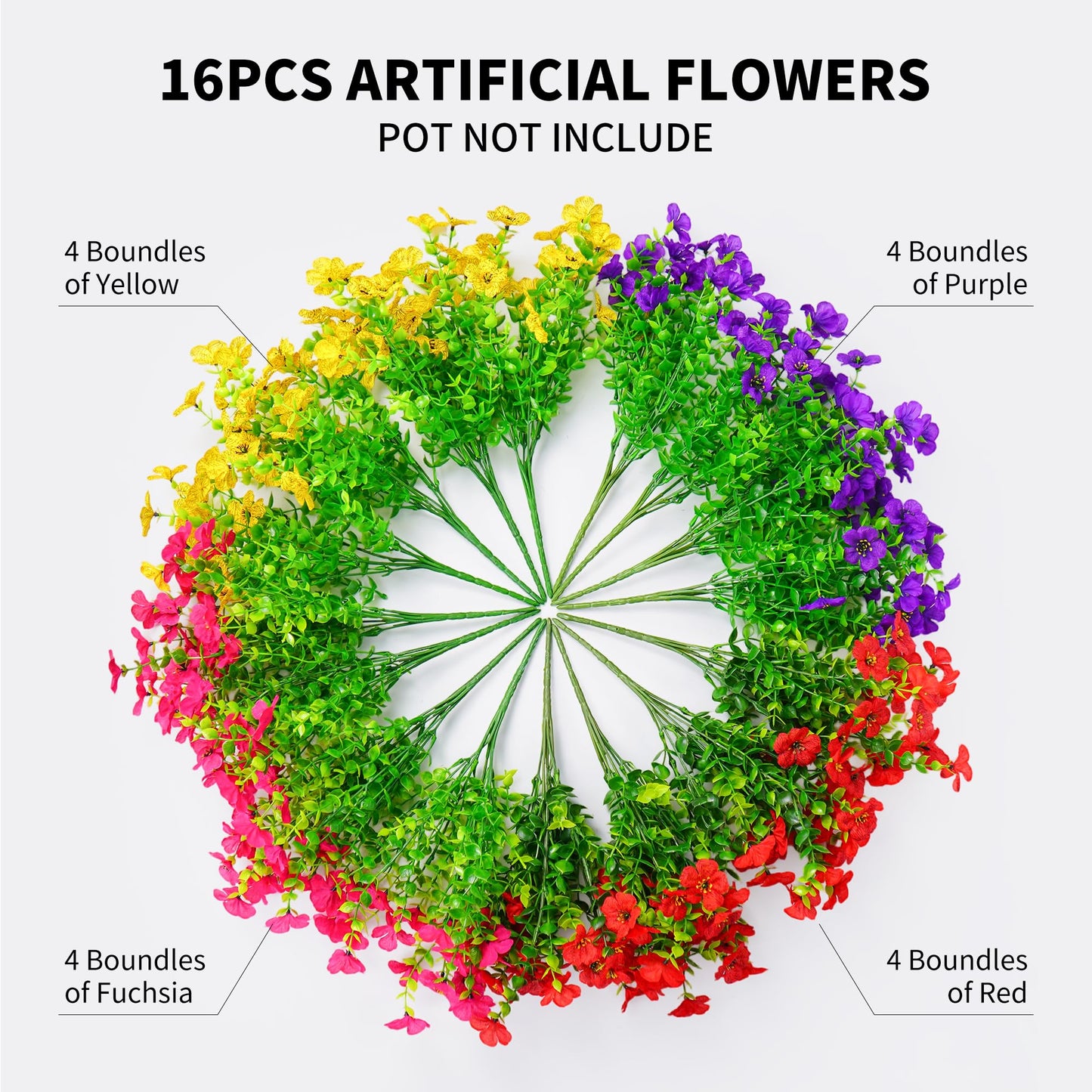 16 Bundles Artificial Fake Flowers Plants for Outdoors Spring Summer Decor,Faux Flowers Plant Silk Daisy UV Resistant for Outside Planters Front Porch Patio Yard Garden Home(Red,Purple,Yellow,Fuchsia)