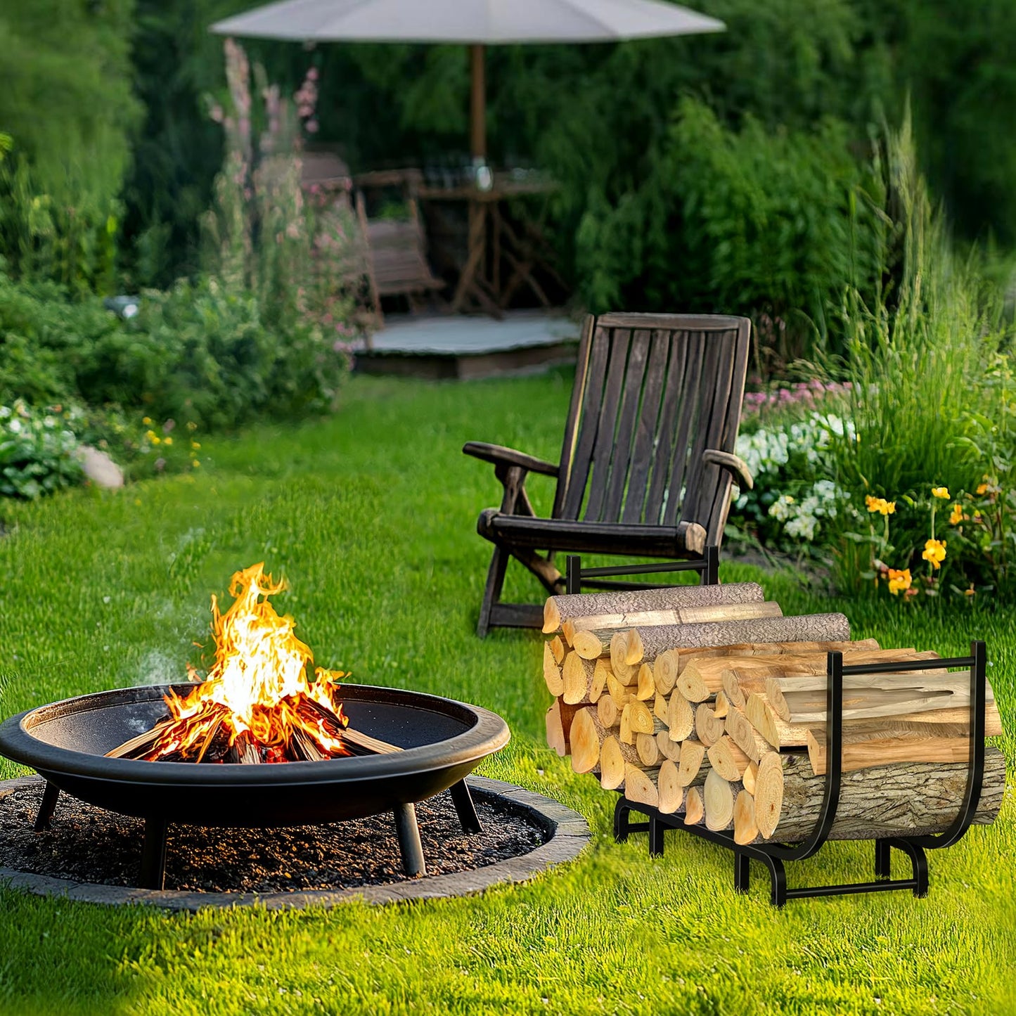 LIANTRAL Curved Firewood Rack Outdoor Indoor, 48 Inch Heavy Duty Log Holder for Fireplace Wood Storage, Firewood Storage Holder Stand Metal Wood Rack Organizer