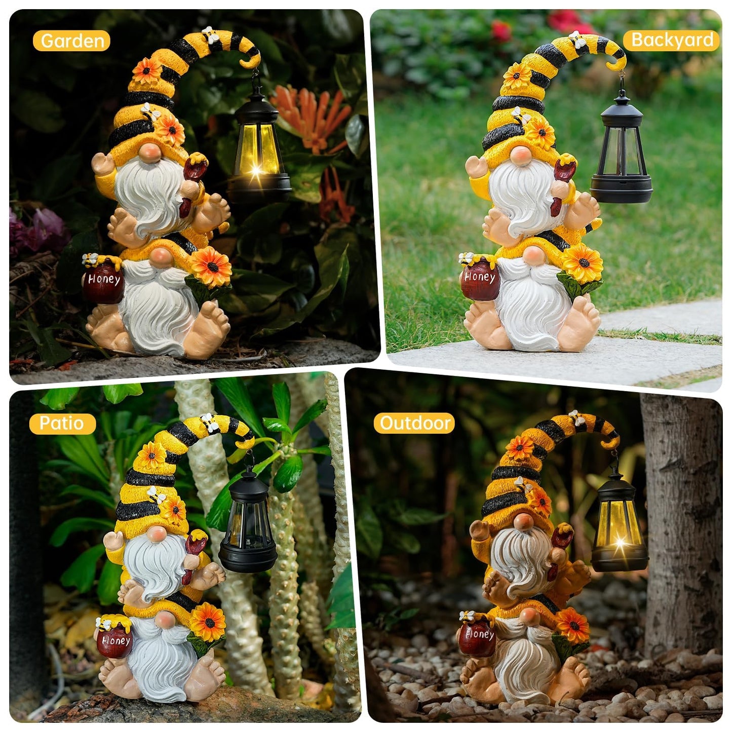 QZZP Solar Bee Garden Gnomes with LED Lantern – Waterproof Stacked Outdoor Decor for Yard, Patio – Unique Gnome Gift for Women, Mom, Grandma (Weatherproof Resin, Outdoor Statues)